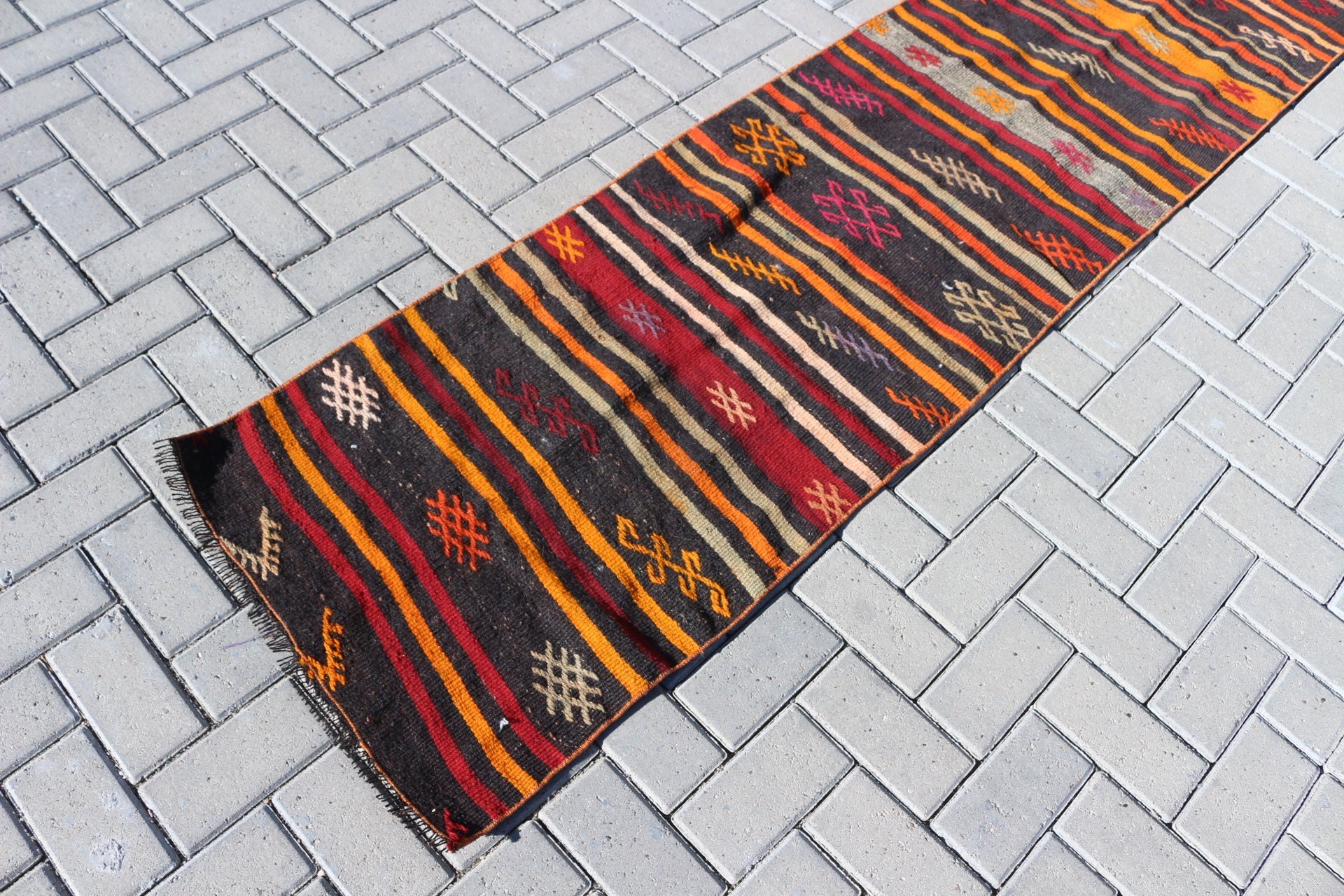 Kilim, Bright Rug, Hallway Rug, Corridor Rug, Vintage Rugs, Floor Rugs, Wool Rugs, Black Oriental Rug, 2x11 ft Runner Rug, Turkish Rugs