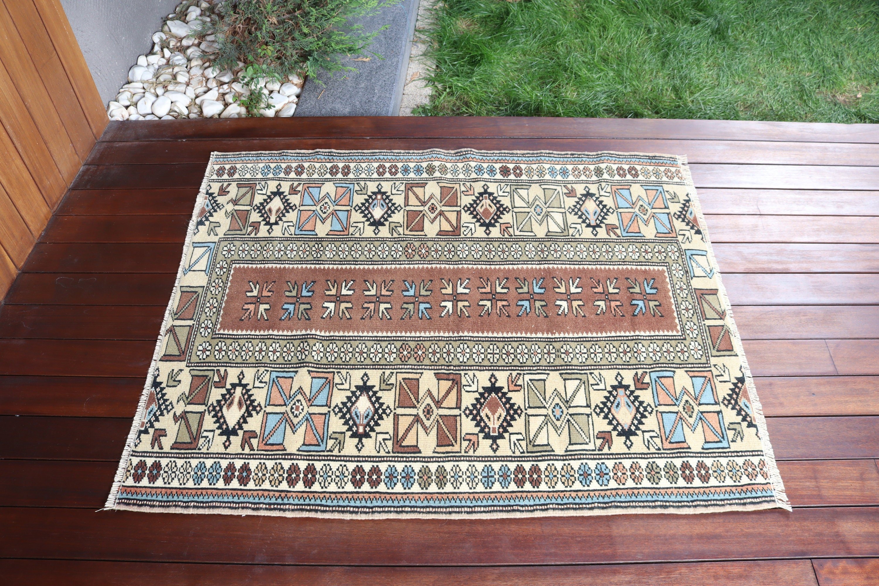 3.2x3.9 ft Small Rugs, Beige Statement Rugs, Turkish Rugs, Oushak Rug, Small Boho Rugs, Small Area Rug, Vintage Rug