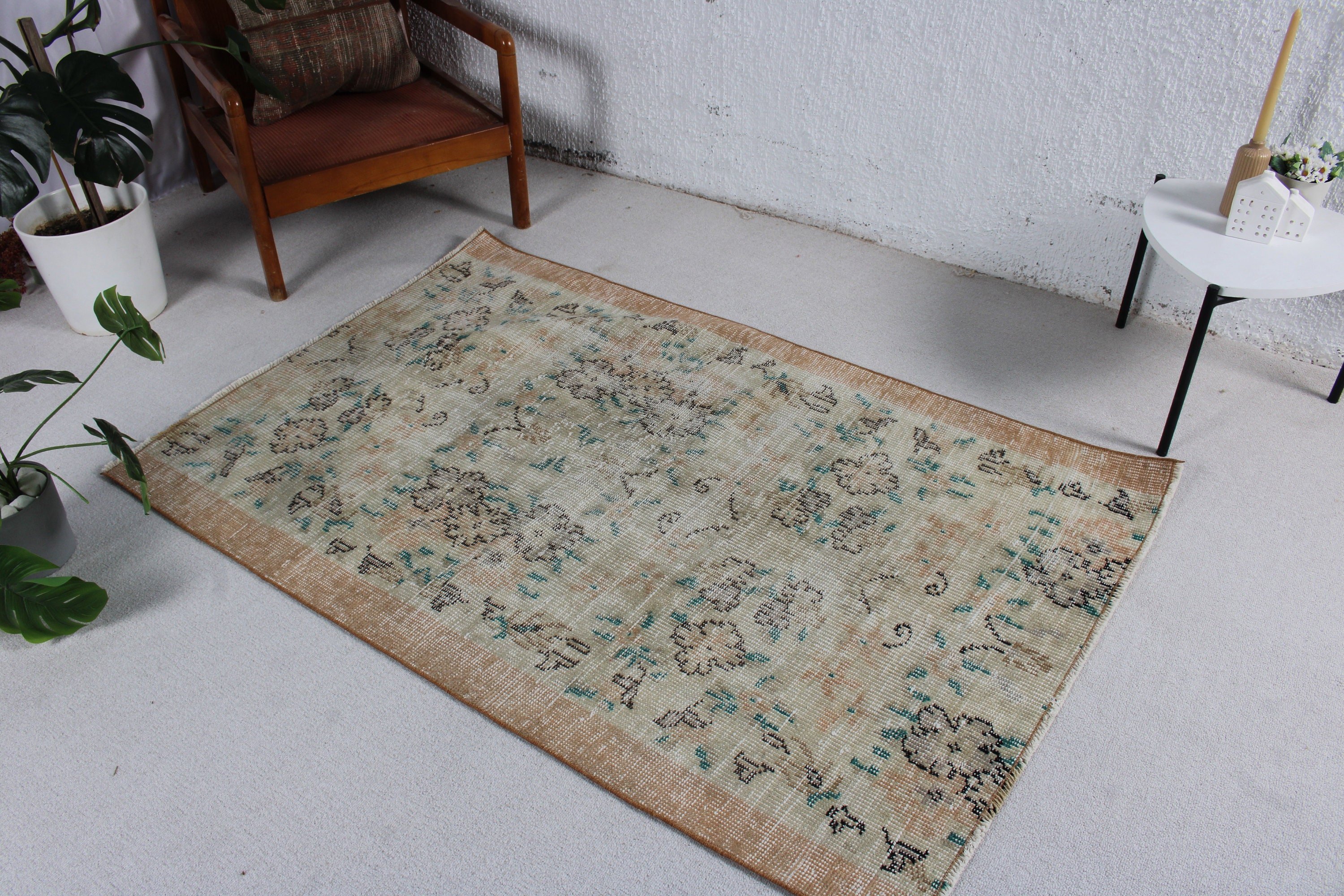 Çocuk Odası Halıları, Bej Ev Dekorasyonu Halıları, 3,6x5,4 ft Vurgulu Halı, Türk Halısı, Vintage Vurgulu Halılar, Vintage Halılar, Geometrik Halı