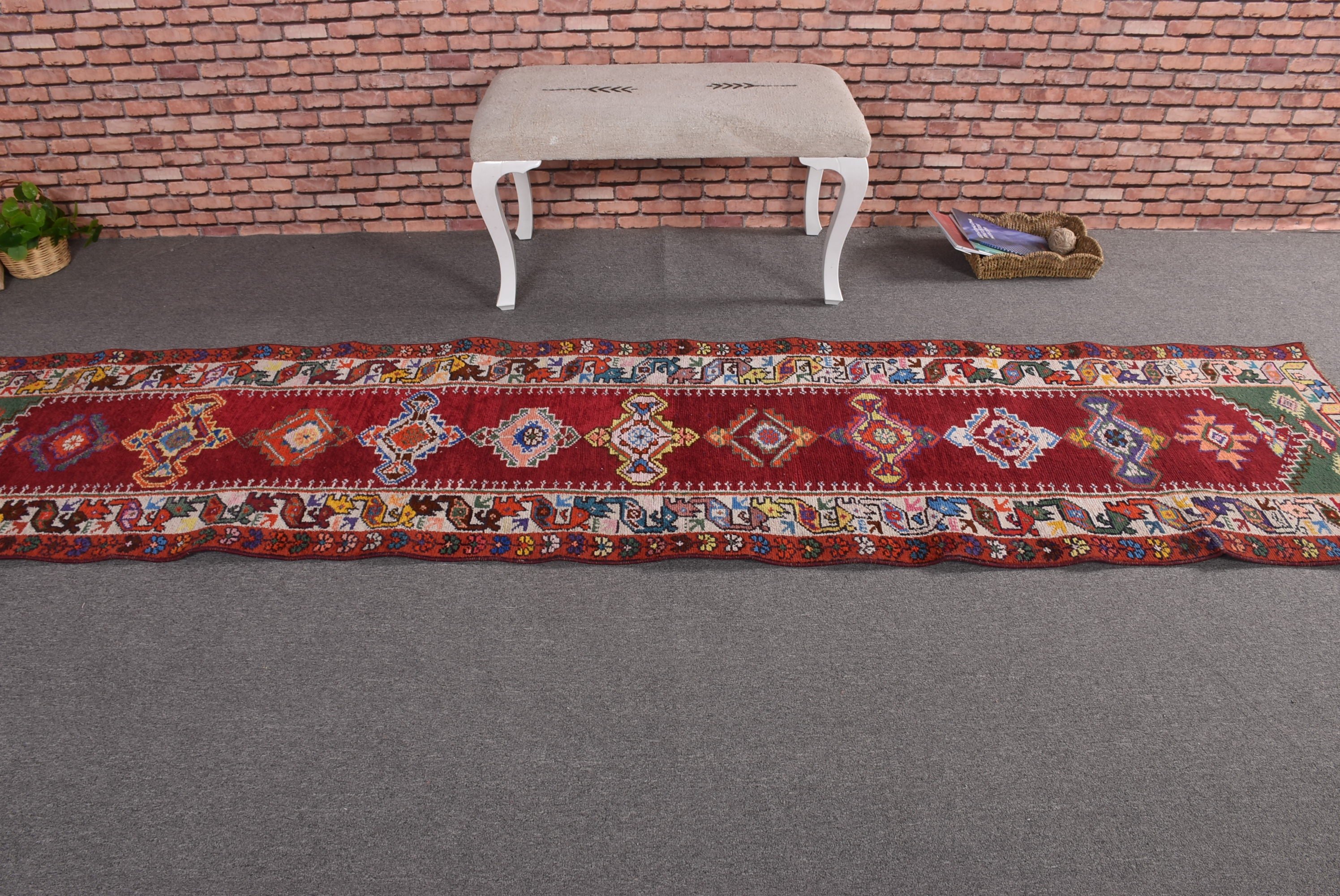 Yün Halılar, Türk Halıları, Kırmızı Oushak Halısı, Mutfak Halıları, Dış Mekan Halısı, 2,6x10,7 ft Runner Halısı, Vintage Halı, Uzun Koşucu Halıları, Fas Halısı