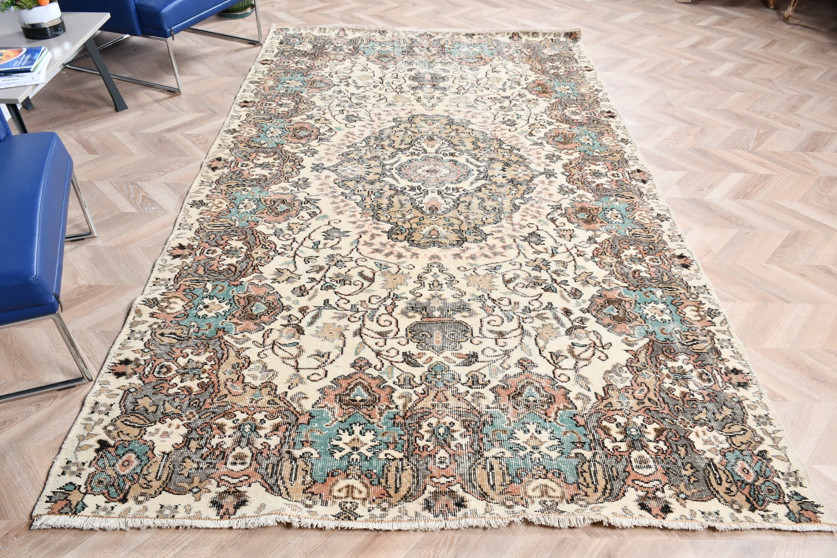 Yemek Odası Halısı, Vintage Halılar, Antika Halı, Boho Halı, 5.7x9.6 ft Büyük Halı, Oturma Odası Halısı, Oushak Halıları, Türk Halıları, Bej Antika Halı