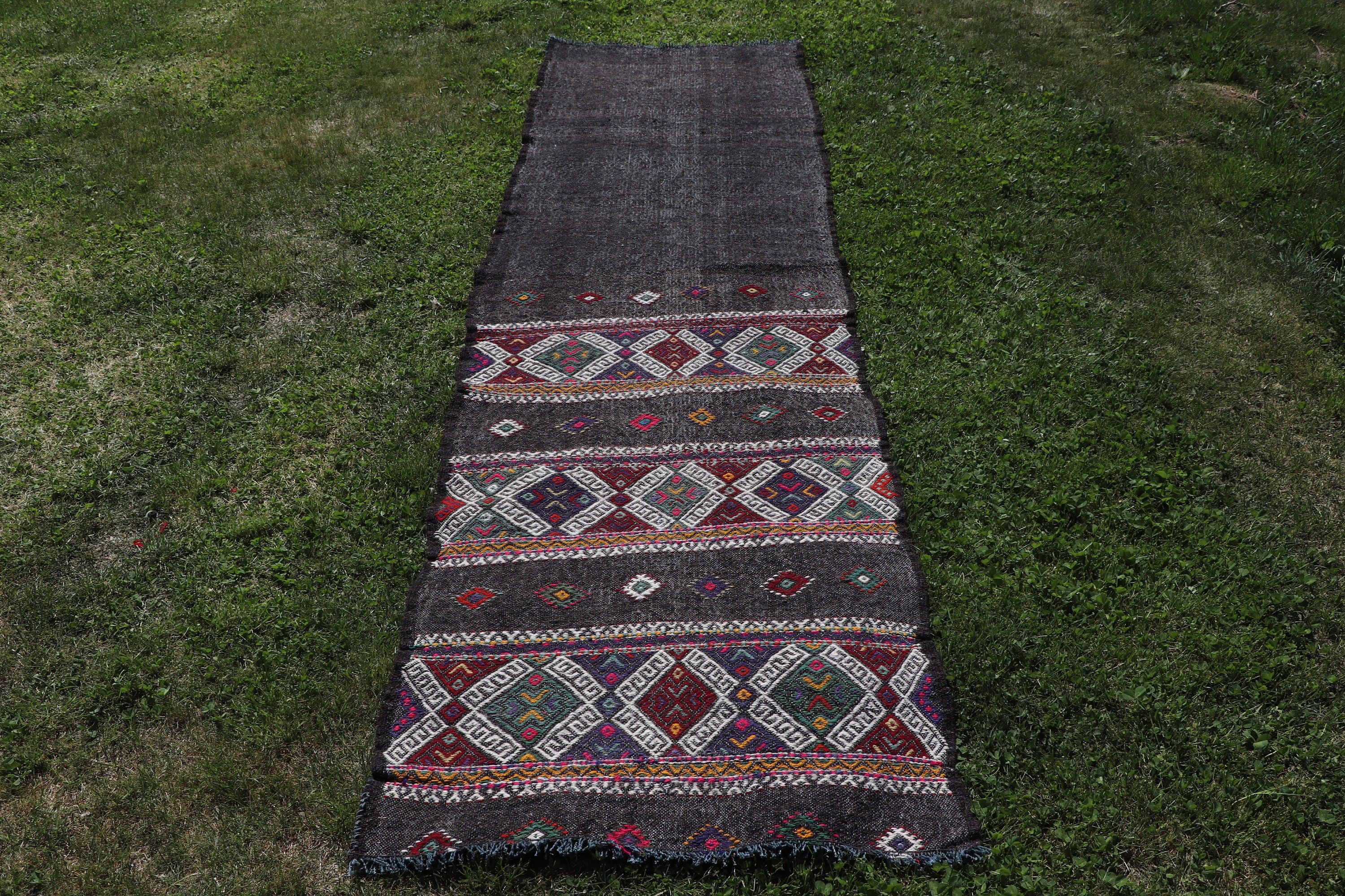 Yün Halı, Merdiven Halıları, Türk Halıları, 2.4x9.4 ft Runner Halısı, Vintage Runner Halısı, Siyah Oushak Halıları, Vintage Halı, Kilim, Mutfak Halıları