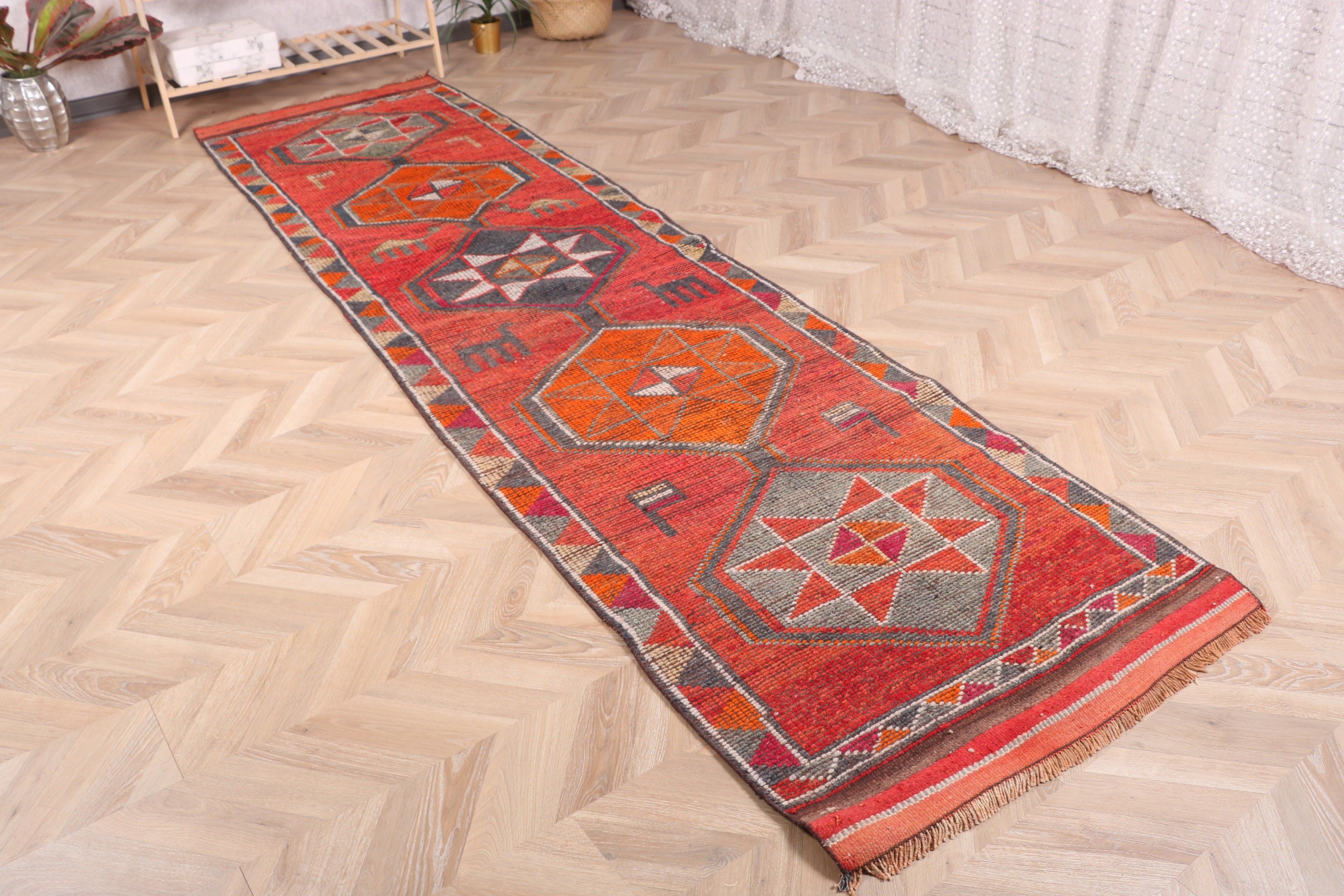 Turkish Rugs, Oriental Rug, Vintage Rugs, 3x11.4 ft Runner Rugs, Stair Rugs, Corridor Rug, Ethnic Rug, Red Floor Rugs