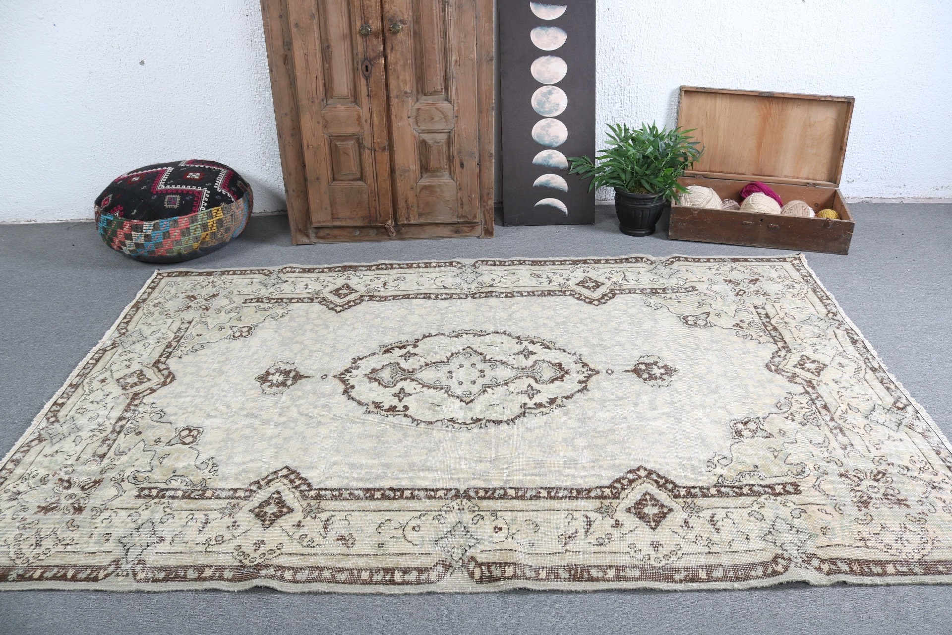 Vintage Halılar, Bej Nötr Halılar, Türk Halısı, Oushak Halısı, Salon Halısı, El Dokuma Halısı, Oturma Odası Halıları, Etnik Halı, 5,4x8,5 ft Büyük Halı