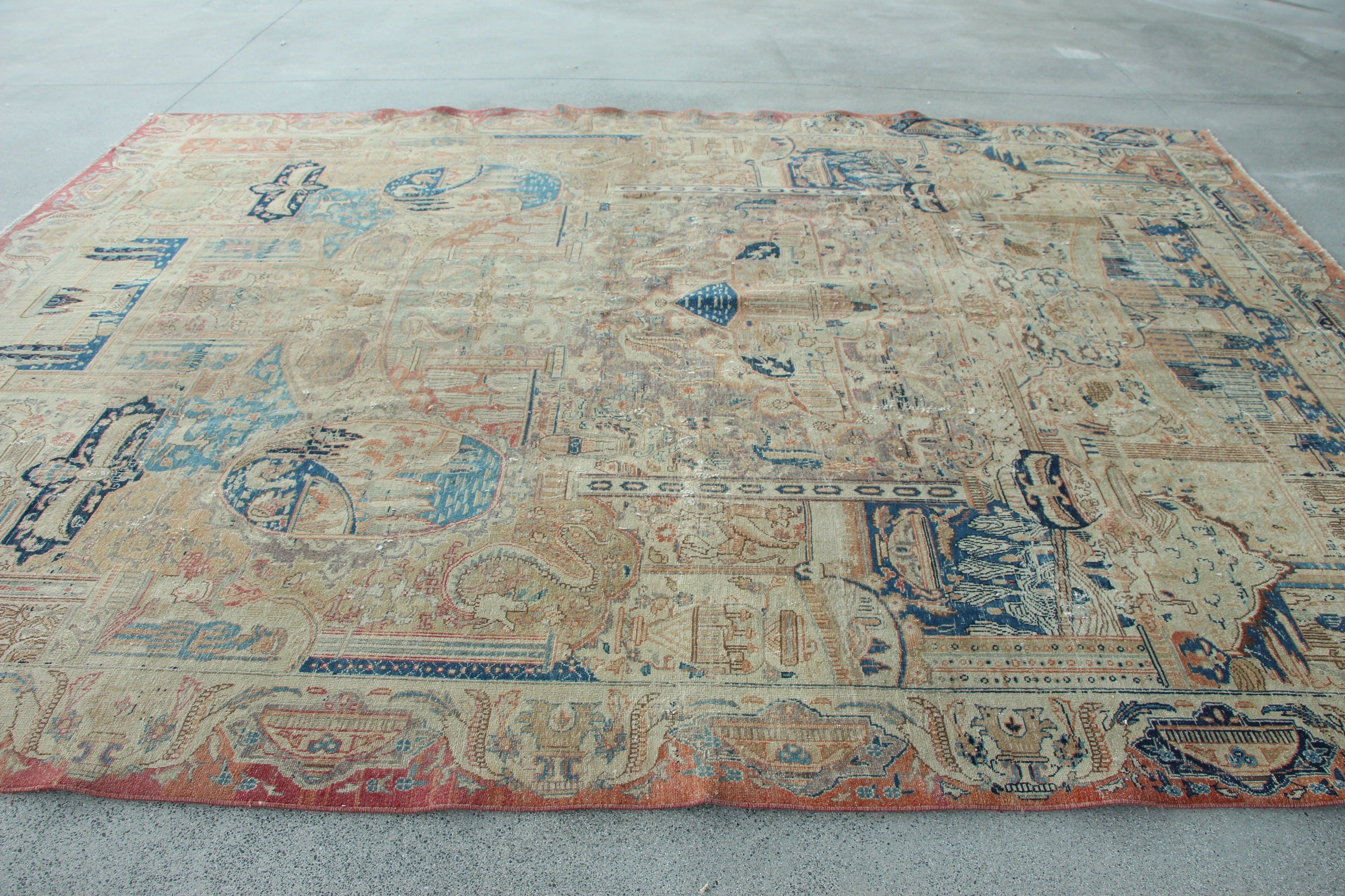 Vintage Halı, Bej Oushak Halılar, Salon Halısı, Vintage Dekor Halıları, 9.6x12.6 ft Büyük Boy Halı, Salon Halıları, Nötr Halılar, Türk Halıları, Yün Halı