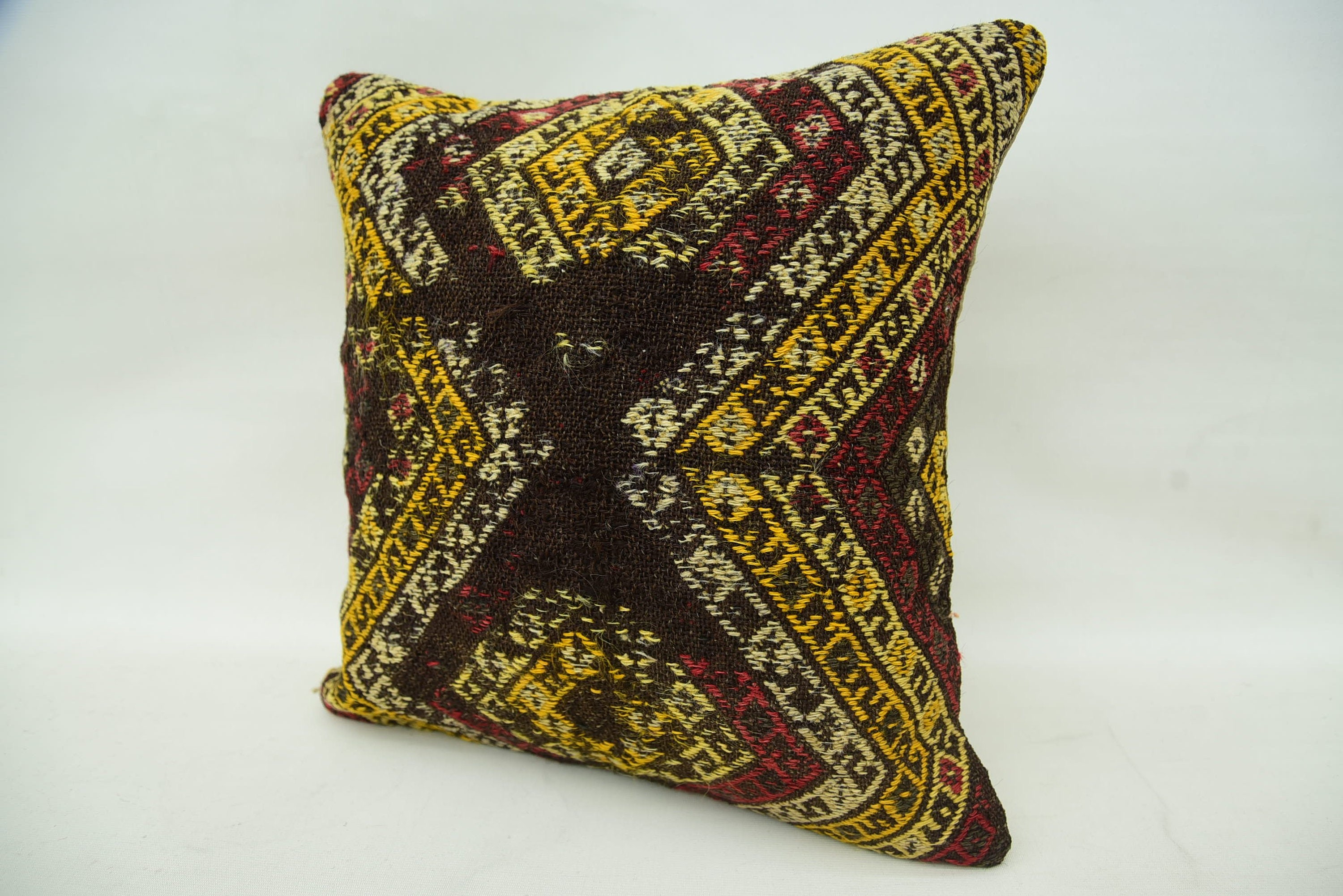 Turkish Pillow, Vintage Kilim Throw Pillow, Interior Designer Pillow, 16"x16" Brown Pillow Cover, Turkish Corner Cushion Case