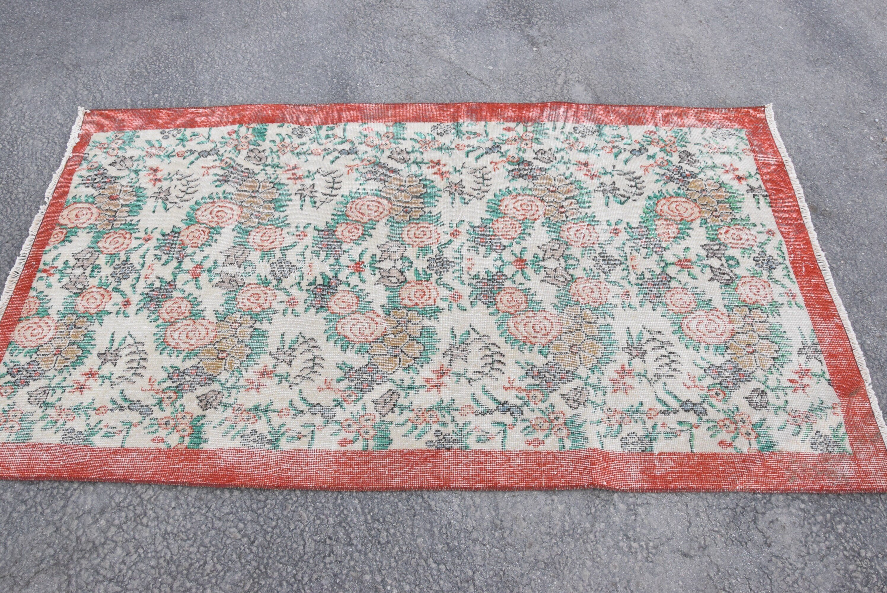 Mutfak Halısı, Vintage Halı, 3.7x6.6 ft Alan Halısı, Yemek Odası Halıları, Oushak Halısı, Türk Halısı, Beyaz Yün Halısı, Yer Halısı, Vintage Dekor Halıları