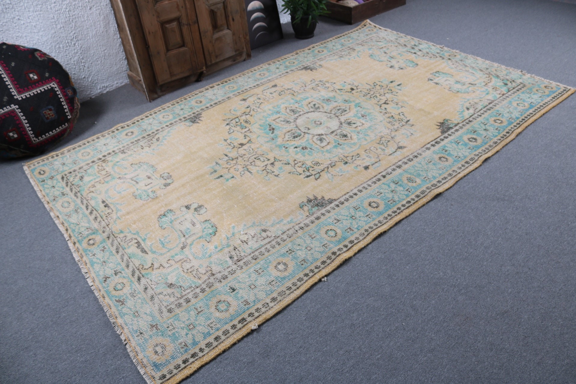 Yellow Statement Rugs, Turkish Rugs, Vintage Rugs, Salon Rug, Dining Room Rugs, Wool Rugs, Exotic Rug, Modern Rug, 5.7x9.1 ft Large Rug