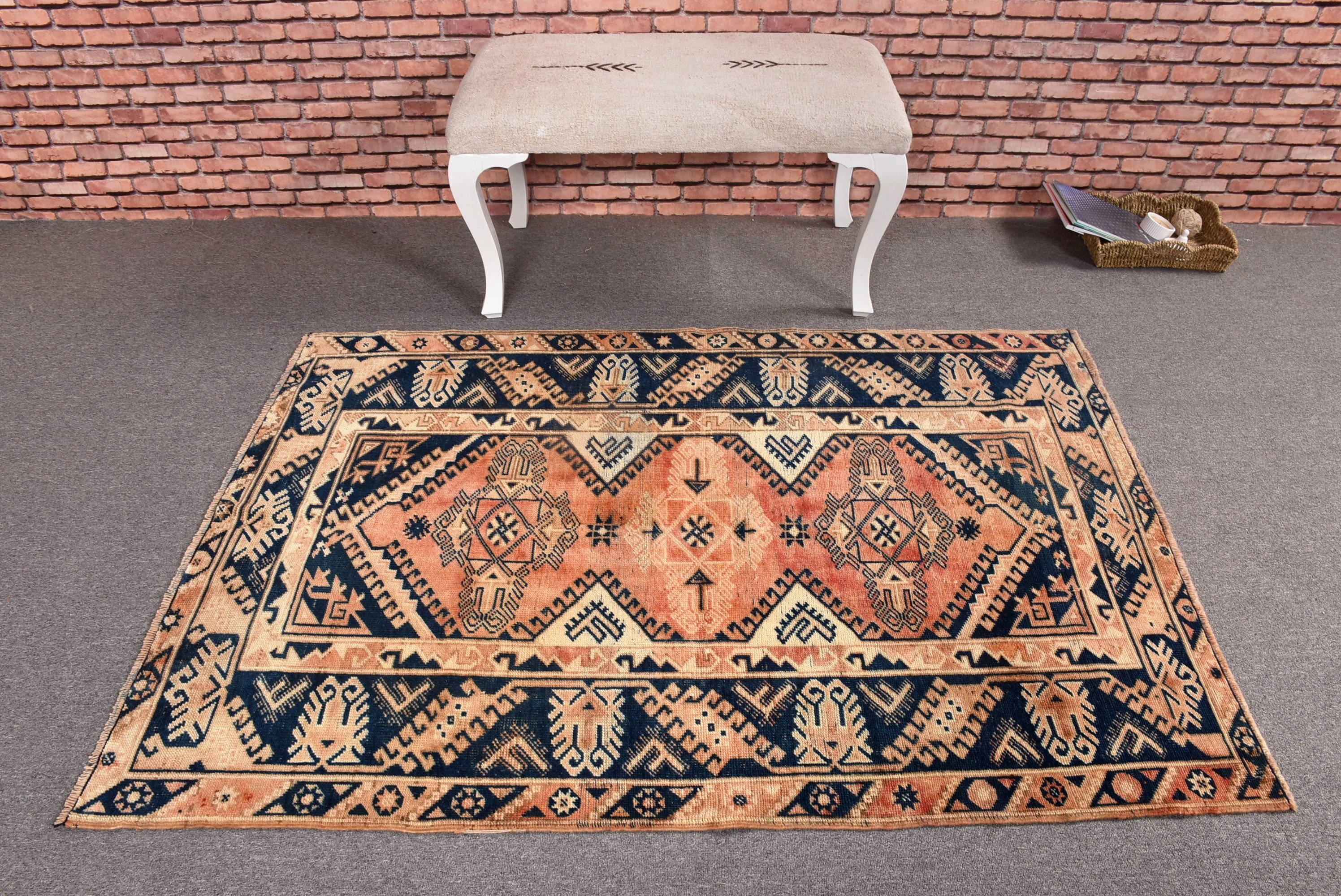 Turuncu Geometrik Halılar, 3,8x5,5 ft Aksan Halıları, Vintage Halılar, Boho Halısı, Çocuk Halısı, Fas Halısı, Mutfak Halısı, Türk Halıları, Geometrik Halı