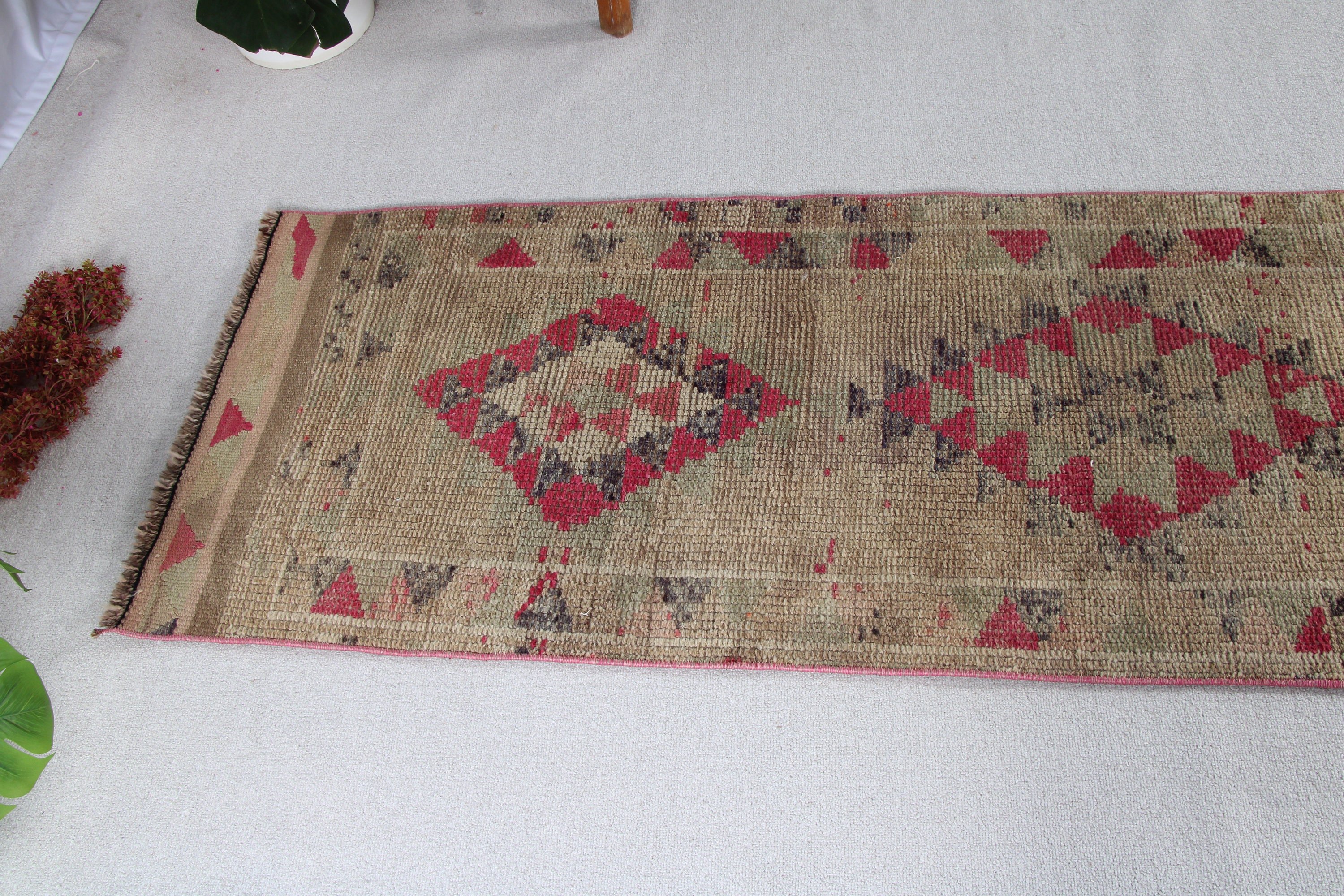 Corridor Rugs, Turkish Rugs, Bedroom Rugs, Kitchen Rug, Green Neutral Rug, Vintage Runner Rugs, Vintage Rugs, 2.2x12.1 ft Runner Rug