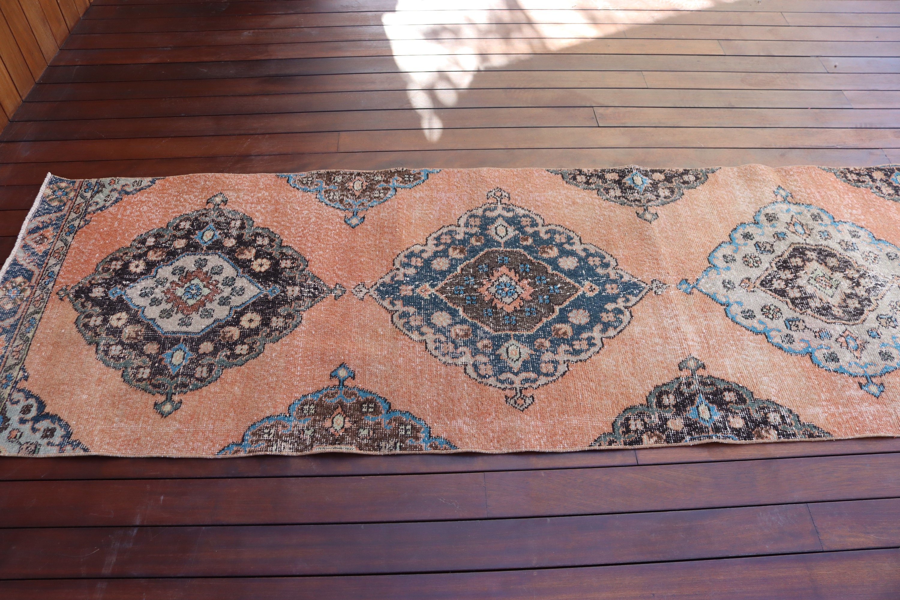 Turuncu Geometrik Halılar, Oushak Halı, Runner Halıları, Türk Halıları, Vintage Halılar, 2.7x12 ft Runner Halıları, Beni Ourain Runner Halısı, Yatak Odası Halısı