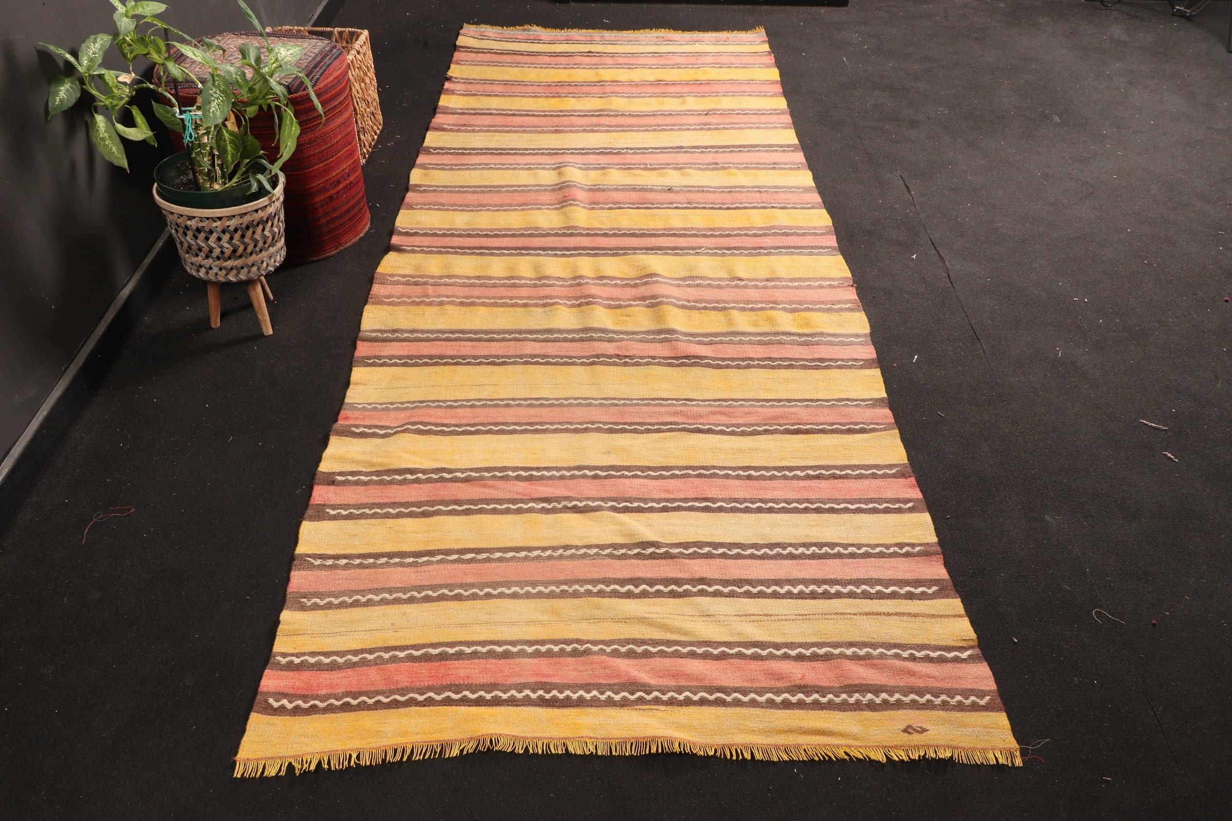 Koridor Halıları, Koridor Halıları, Mutfak Halısı, Kilim, Vintage Halılar, Türk Halısı, Sarı 3.7x9.9 ft Yolluk Halısı