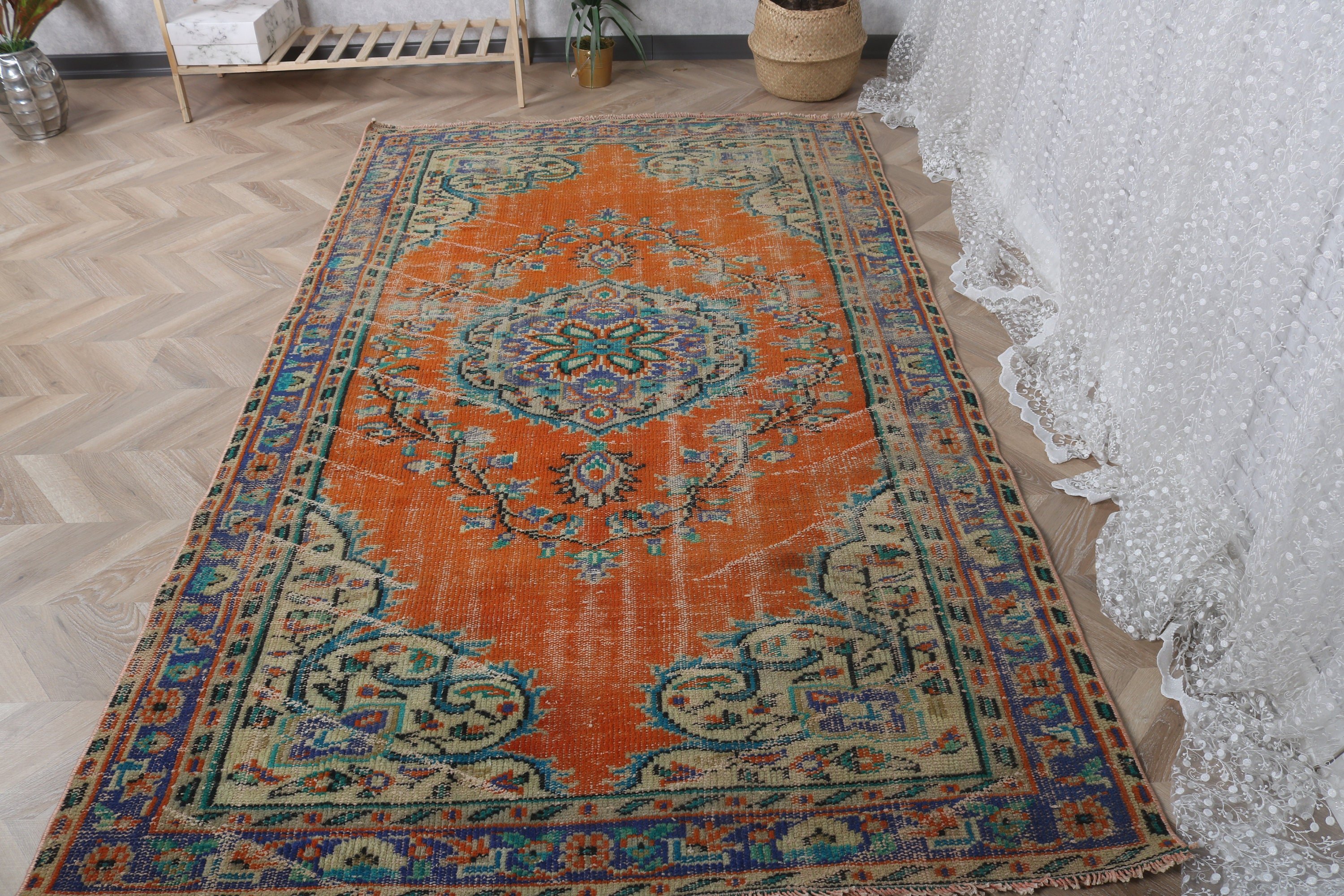 Yatak Odası Halısı, Yer Halısı, Vintage Halı, Türk Halısı, Turuncu 4.7x7.8 ft Alan Halısı, Oturma Odası Halıları, Oryantal Halı, Ev Dekorasyonu Halısı