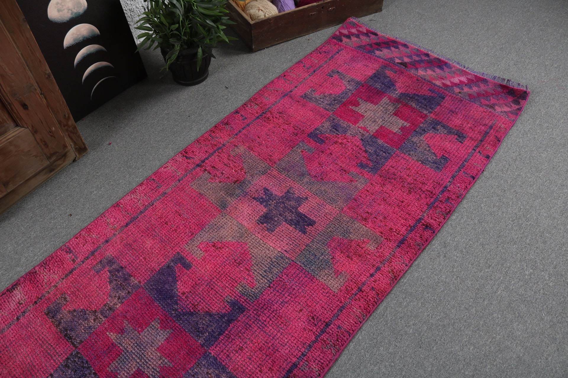 Wool Rug, Beni Ourain Runner Rug, Aztec Rug, Turkish Rugs, Pink Floor Rug, 2.9x11.2 ft Runner Rug, Geometric Rug, Vintage Rug, Hallway Rugs