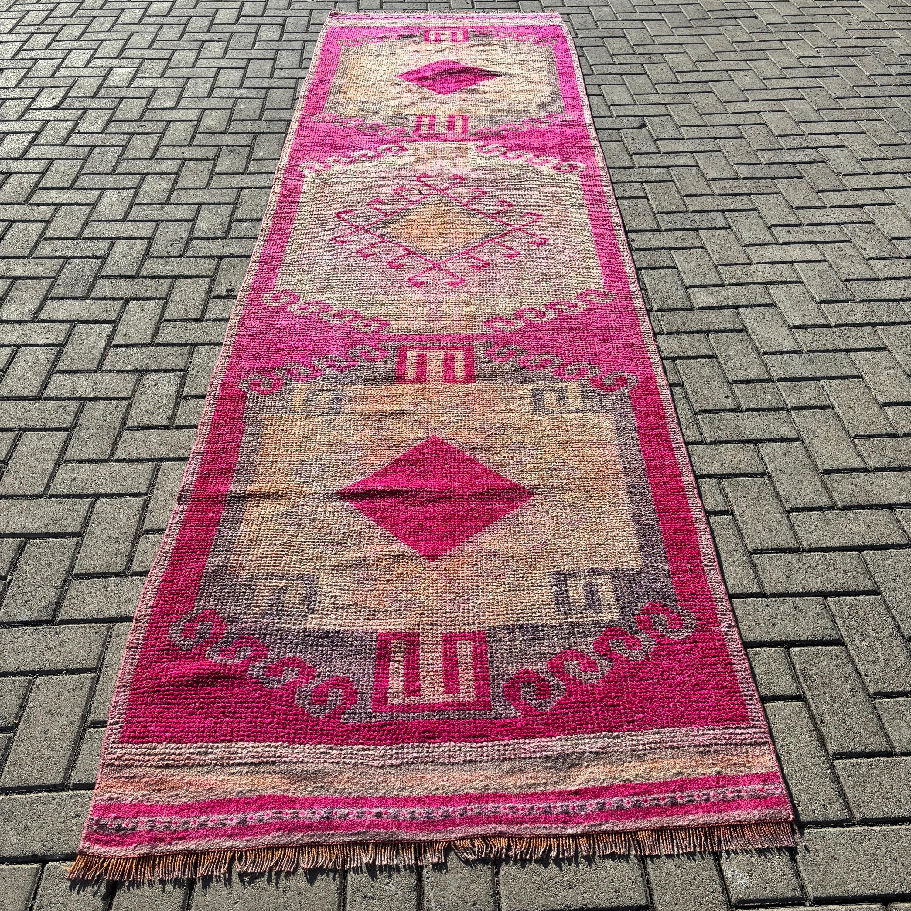 Pink Neutral Rugs, Rugs for Hallway, Vintage Rugs, Stair Rugs, 3.4x12.2 ft Runner Rugs, Handwoven Rugs, Statement Rug, Turkish Rug