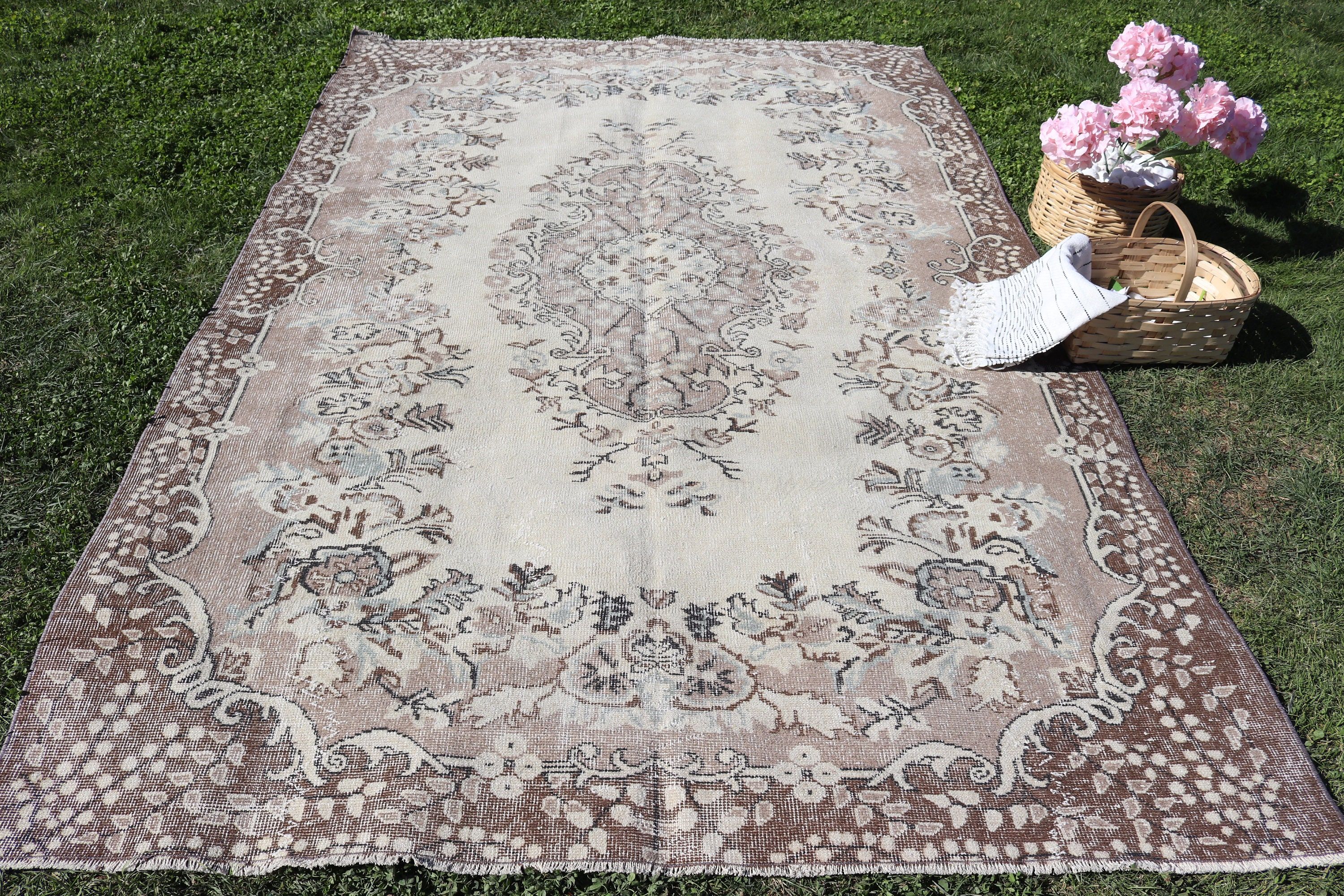 Boho Halı, Vintage Halılar, Fas Halısı, Türk Halıları, Oushak Halısı, 6.1x9.3 ft Büyük Halılar, Bej Soğuk Halılar, Büyük Oushak Halısı, Yatak Odası Halıları