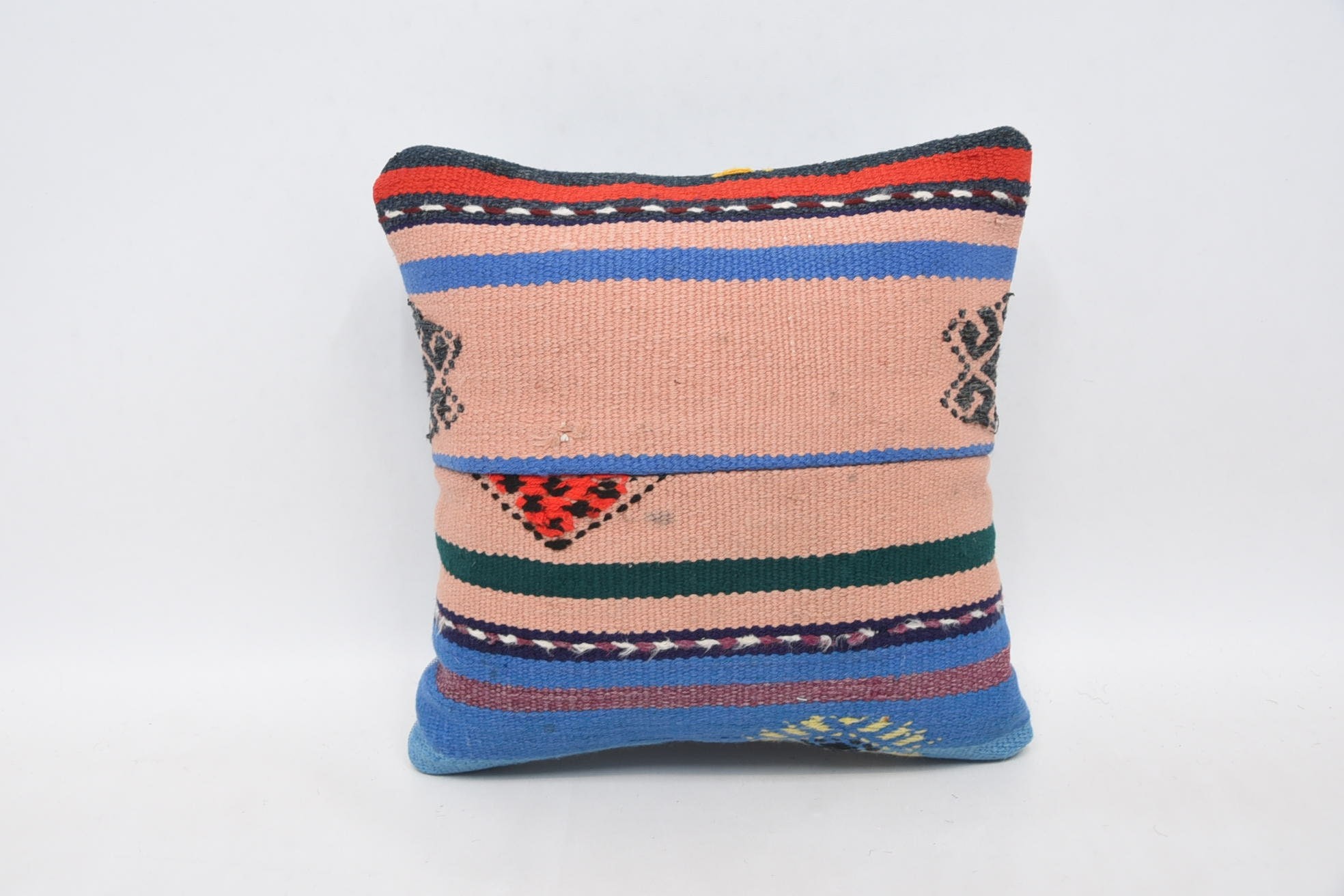 Interior Designer Pillow, Turkish Bench Cushion Case, Vintage Kilim Pillow, Patio Pillow Case, 12"x12" Pink Pillow Cover, Boho Pillow