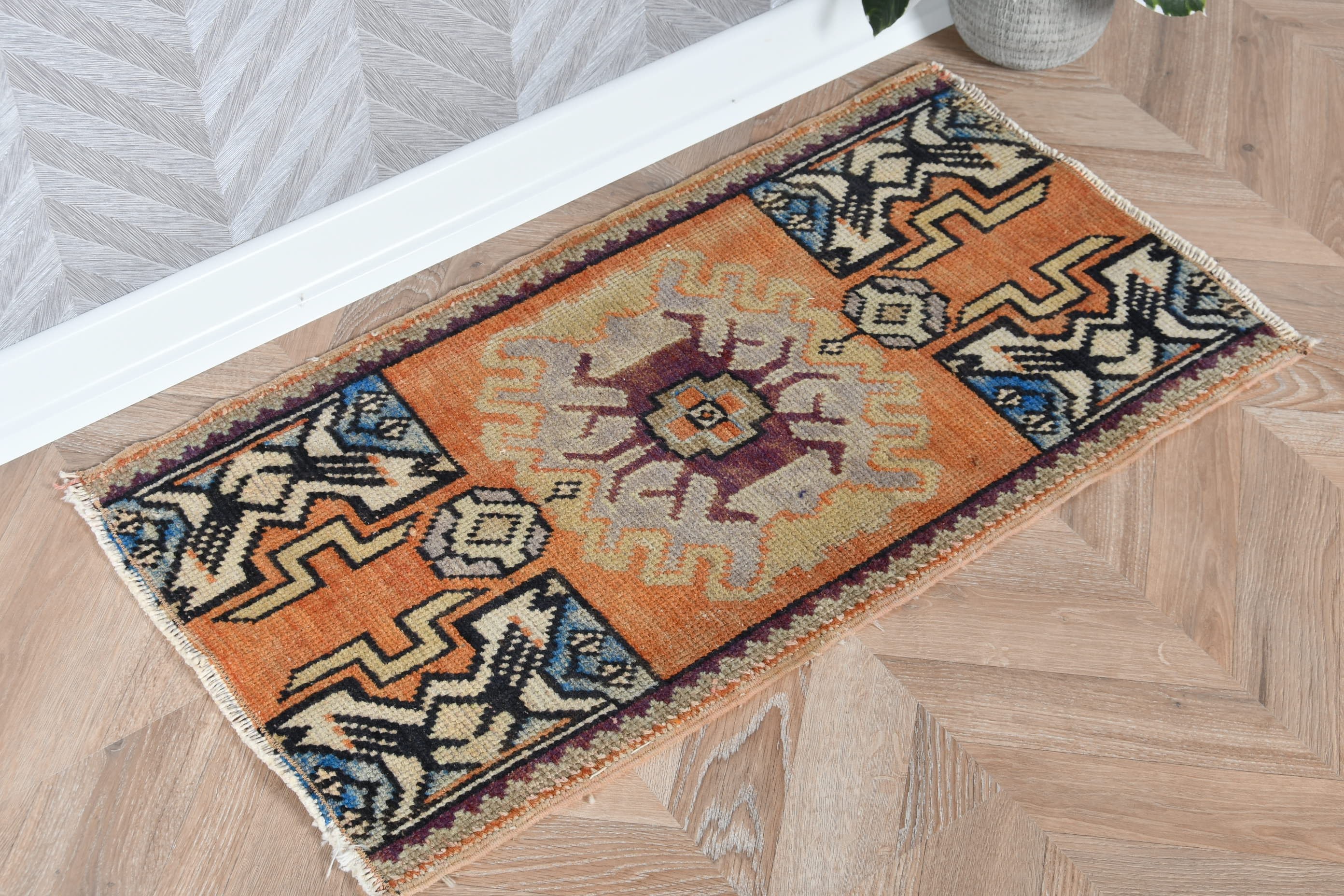 Anatolian Rug, 1.5x2.8 ft Small Rug, Orange Moroccan Rug, Kitchen Rug, Decorative Rug, Vintage Rug, Door Mat Rug, Turkish Rug, Bedroom Rugs