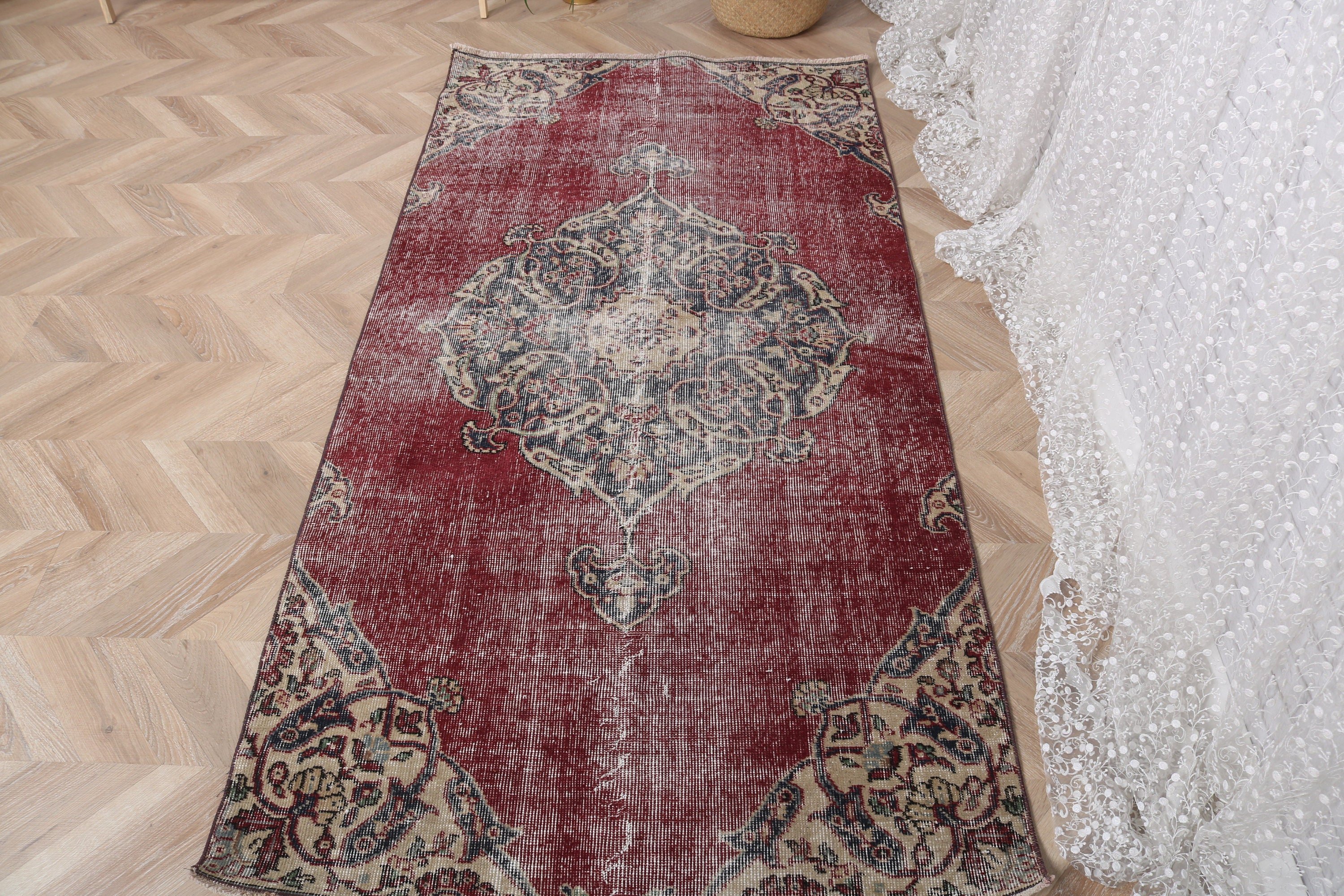 Vintage Rug, Turkish Rug, Decorative Rugs, 3.3x6.8 ft Accent Rugs, Antique Rugs, Exotic Rugs, Bedroom Rugs, Rugs for Bedroom, Red Cool Rugs