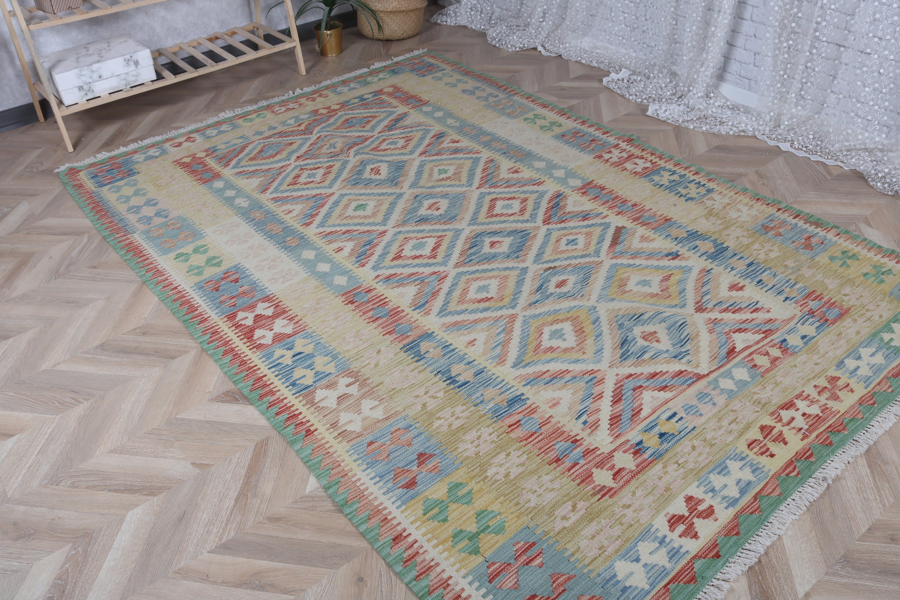 Vintage Halı, 5.3x8 ft Büyük Halı, Türk Halısı, Etnik Halı, Gökkuşağı Oryantal Halısı, Modern Halılar, Yatak Odası Halıları, Yün Halılar, Oturma Odası Halıları