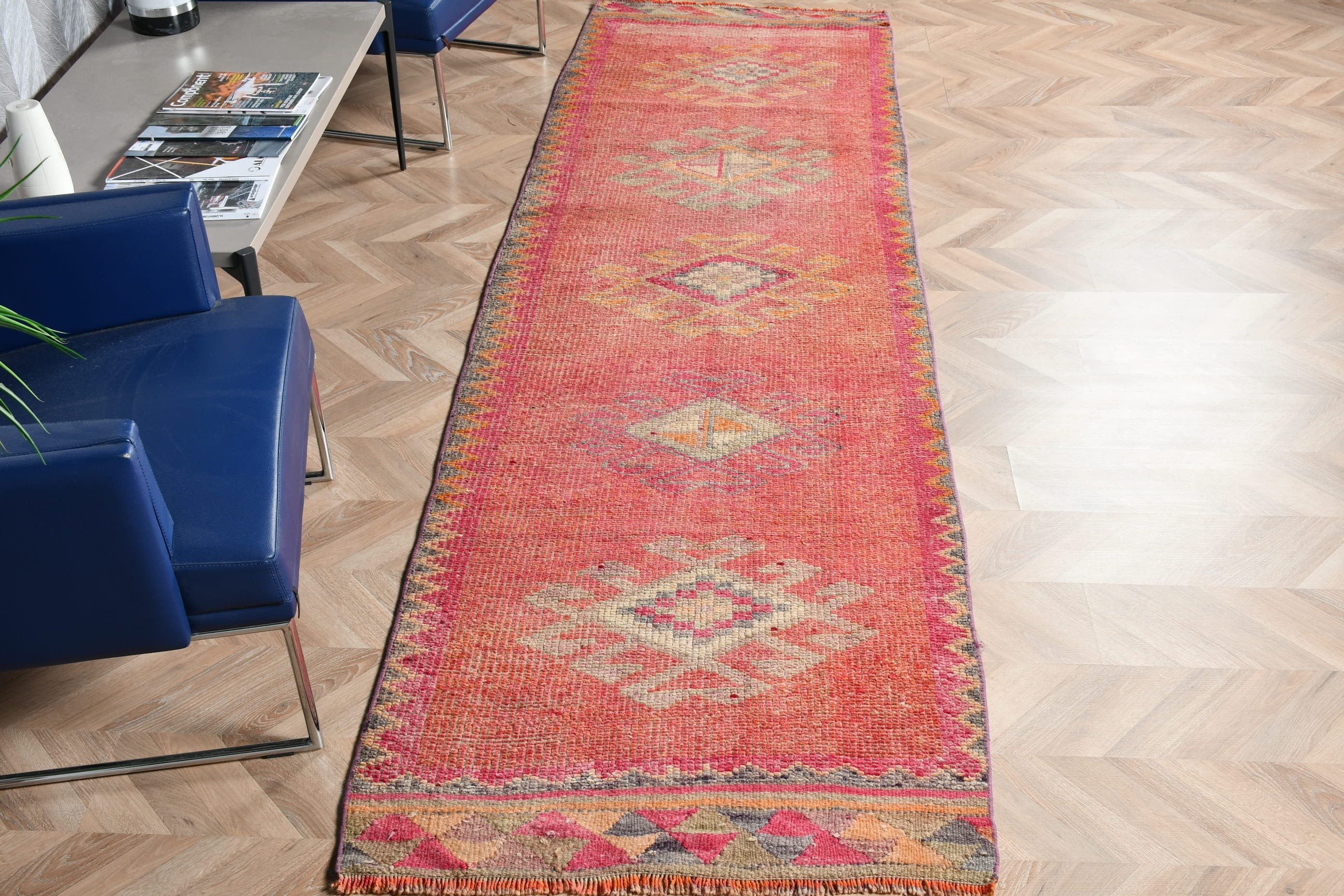 Mutfak Halıları, Oryantal Halı, 2,9x10,8 ft Yolluk Halısı, Türk Halıları, Vintage Halı, Pembe Yün Halı, Koridor Halıları, Merdiven Halıları