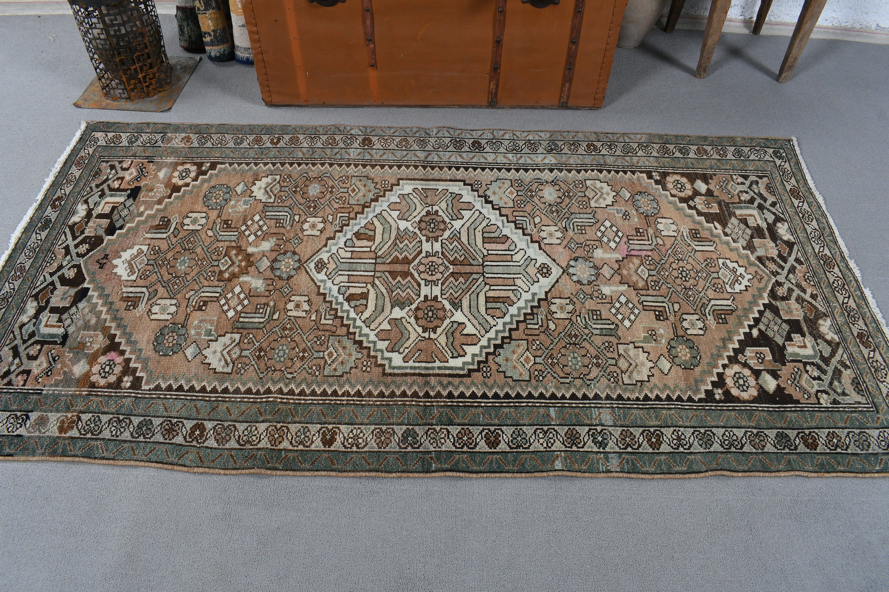 3,4x6,6 ft Aksan Halıları, Vintage Halılar, Yün Halı, Türk Halısı, Kahverengi Oushak Halıları, Mutfak Halısı, Fas Halıları, Giriş Halıları, Giriş Halıları