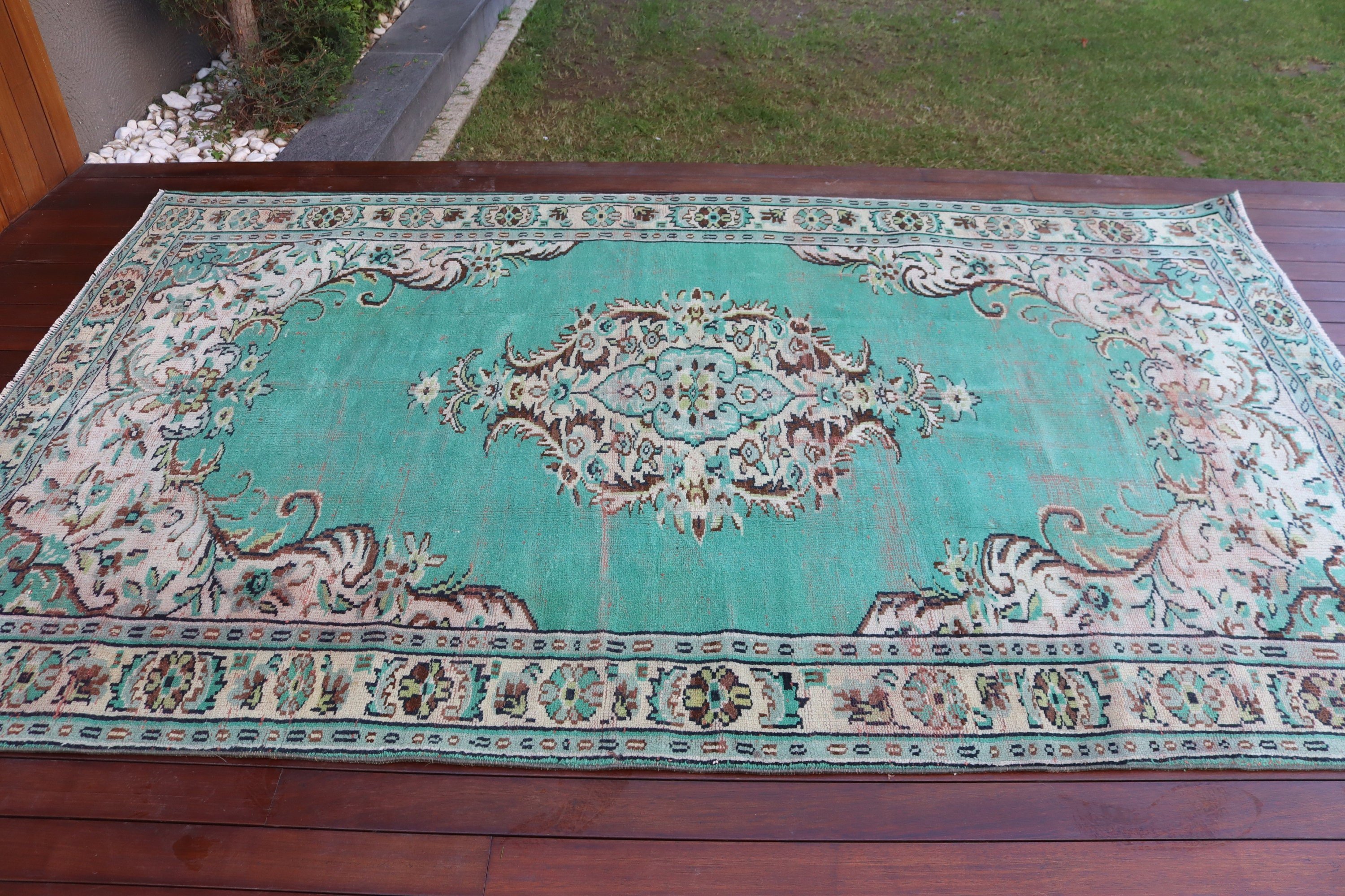 Vintage Halılar, 5.7x9.2 ft Büyük Halı, Büyük Boho Halı, Yeşil Yün Halı, Geometrik Halı, Ev Dekor Halısı, Türk Halıları, Oturma Odası Halıları