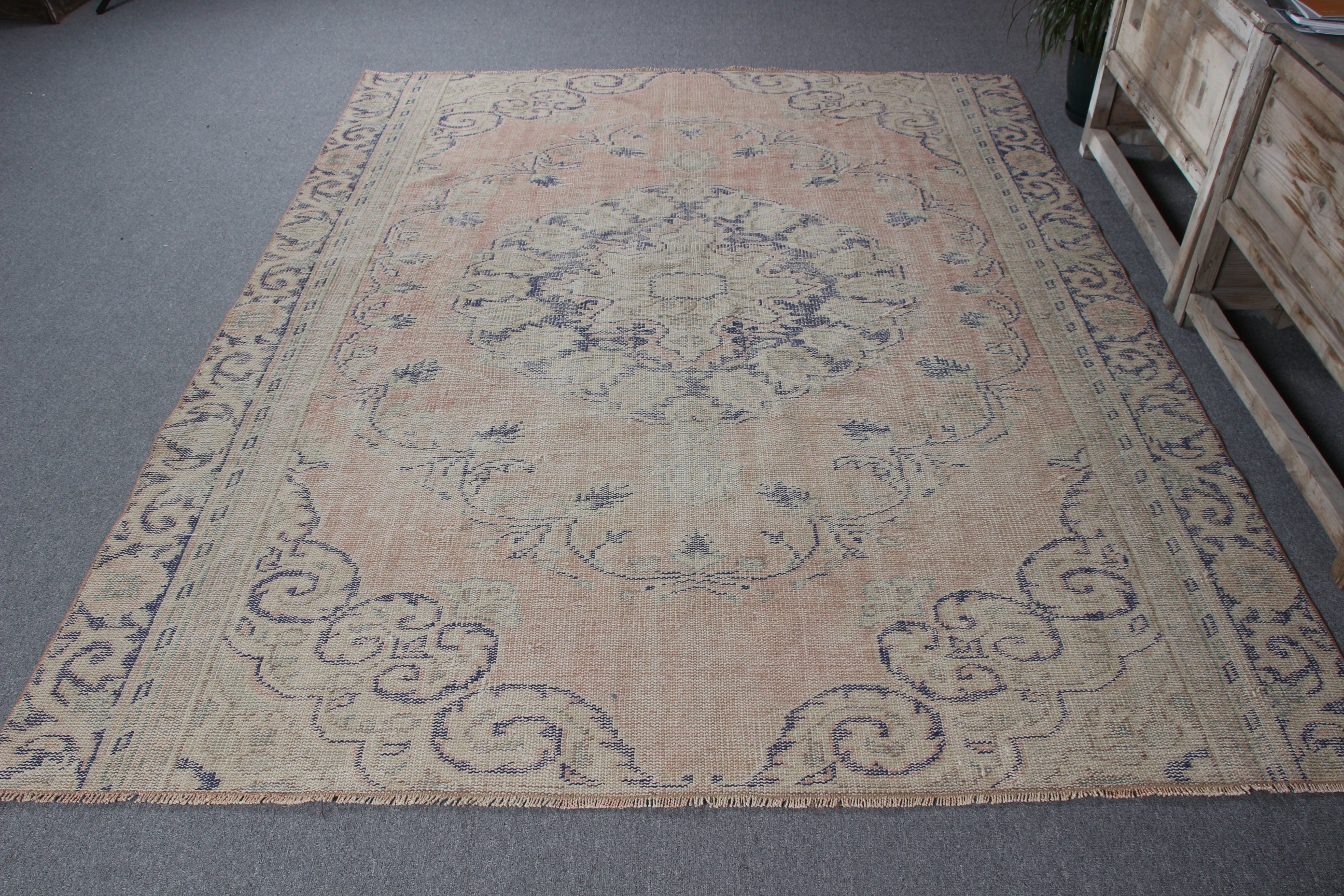 Büyük Boho Halı, Vintage Halılar, Türk Halıları, 6.4x8.1 ft Büyük Halılar, Bej Geometrik Halılar, Büyük Oushak Halı, Modern Halı