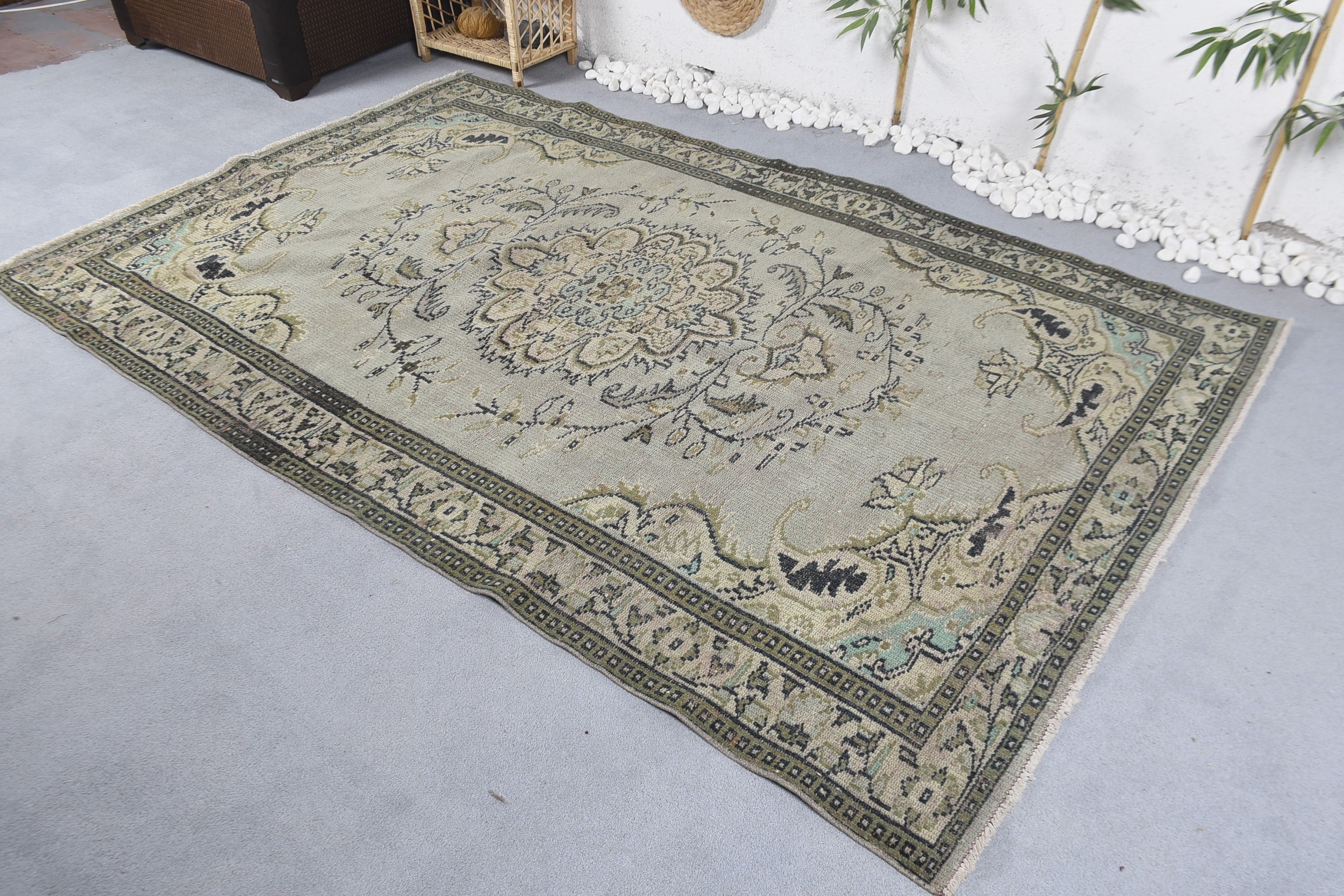 Antika Halı, Oturma Odası Halısı, 5.4x8.7 ft Büyük Halı, Yeşil Antika Halı, Oushak Halı, Vintage Halılar, Yemek Odası Halısı, Türk Halısı, Aztek Halısı