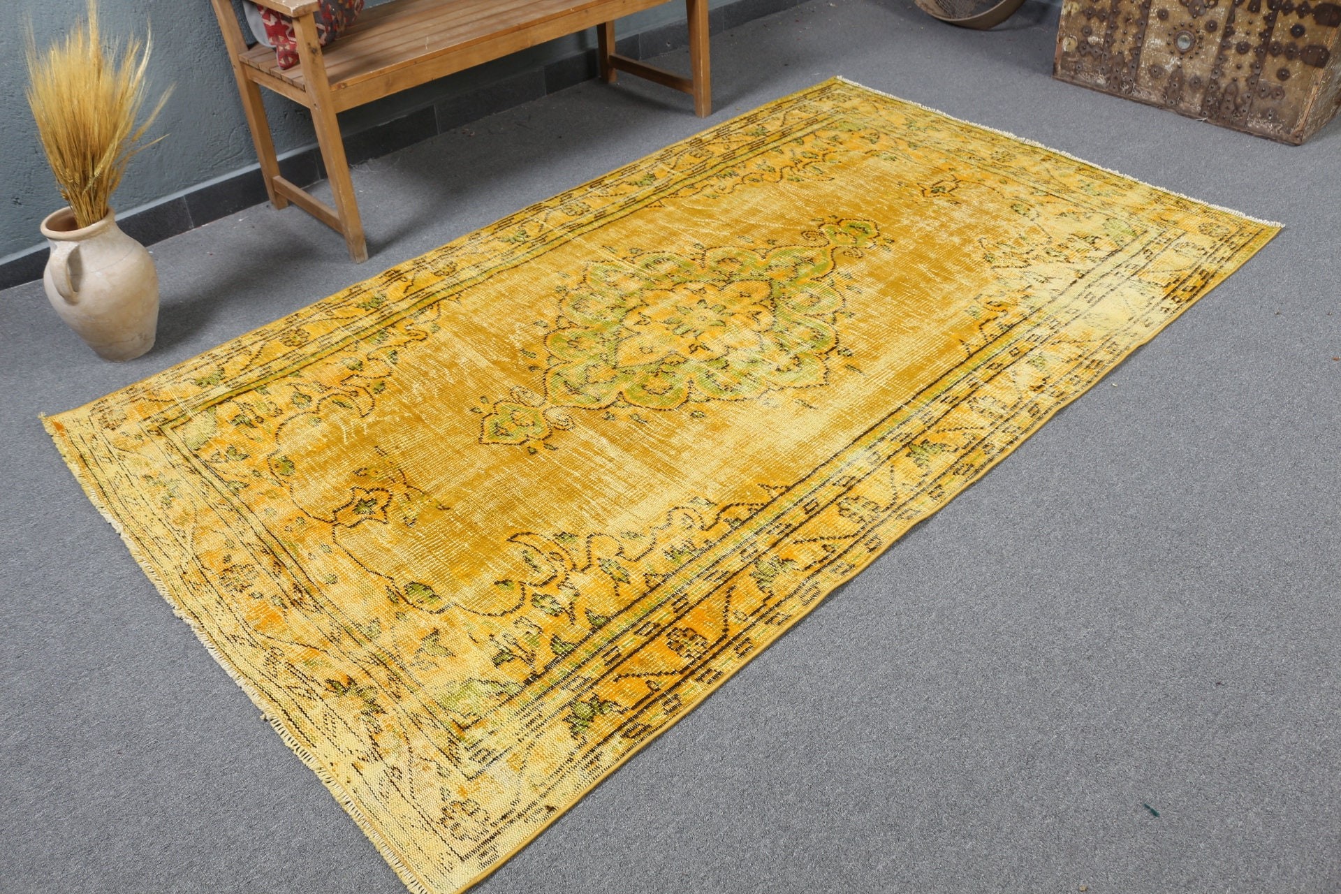 Indoor Rug, Rugs for Floor, Turkish Rugs, Distressed Rug, Oushak Rugs, 4.8x8.3 ft Area Rugs, Bedroom Rugs, Vintage Rug, Yellow Oushak Rug