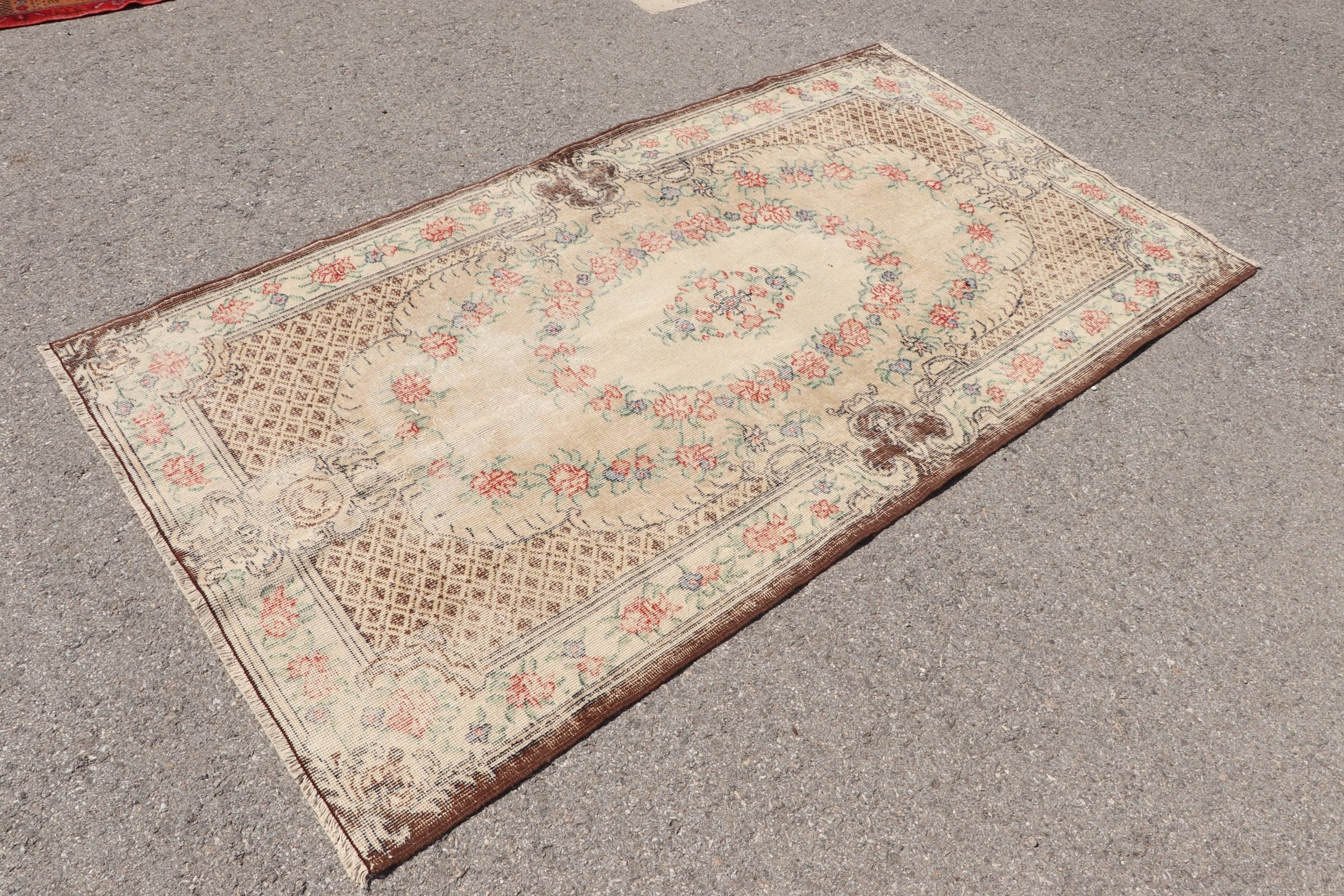 Kahverengi Yün Halılar, 4x7,4 ft Alan Halısı, Vintage Halı, Soğuk Halılar, Antika Halı, Türk Halısı, Yer Halıları, Alan Halıları, İç Mekan Halısı, Kabile Halısı