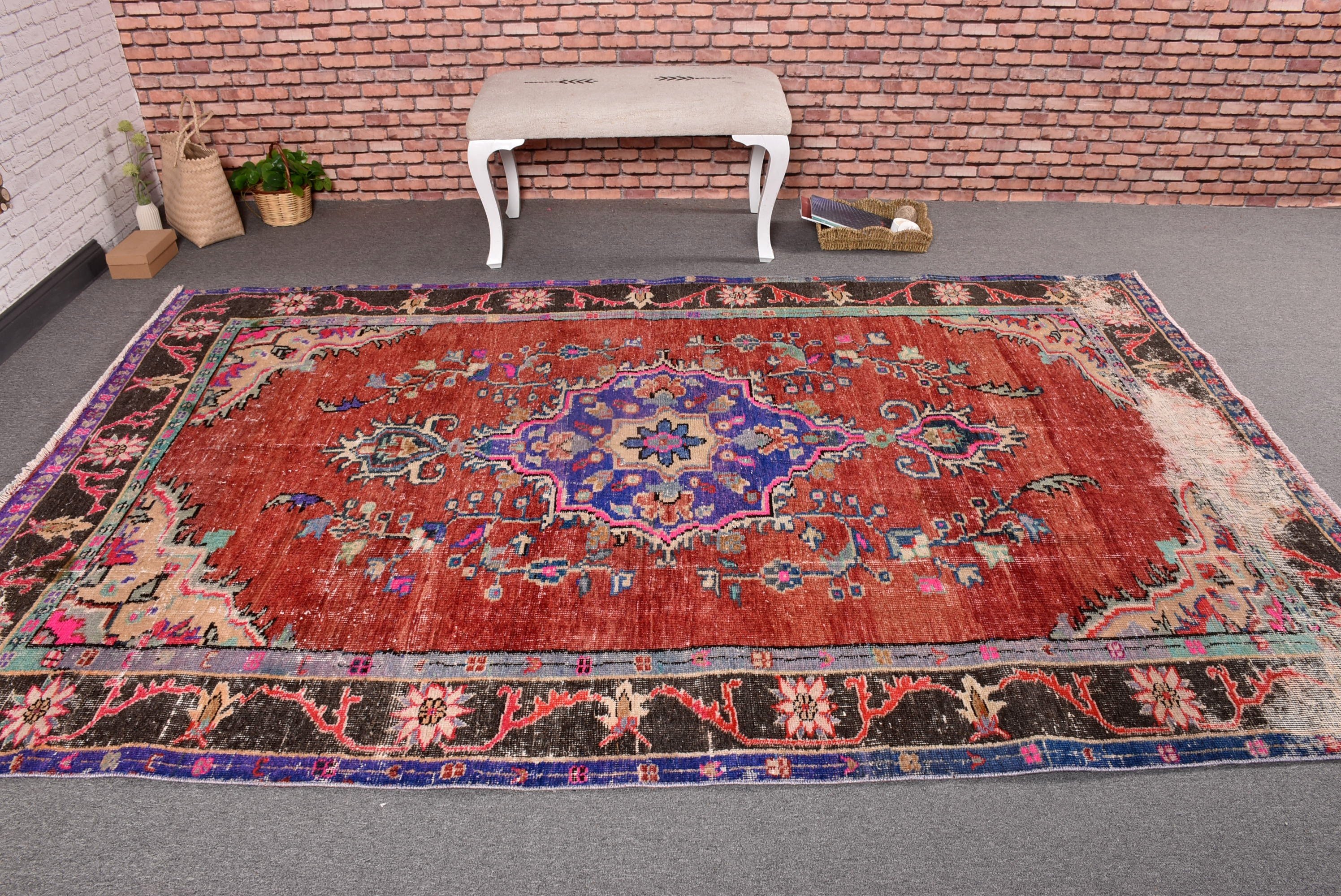 Salon Halısı, Vintage Halı, Türk Halıları, 5.9x9.3 ft Büyük Halı, Vintage Dekor Halısı, Kırmızı Nötr Halı, Nötr Halılar, Yatak Odası Halısı