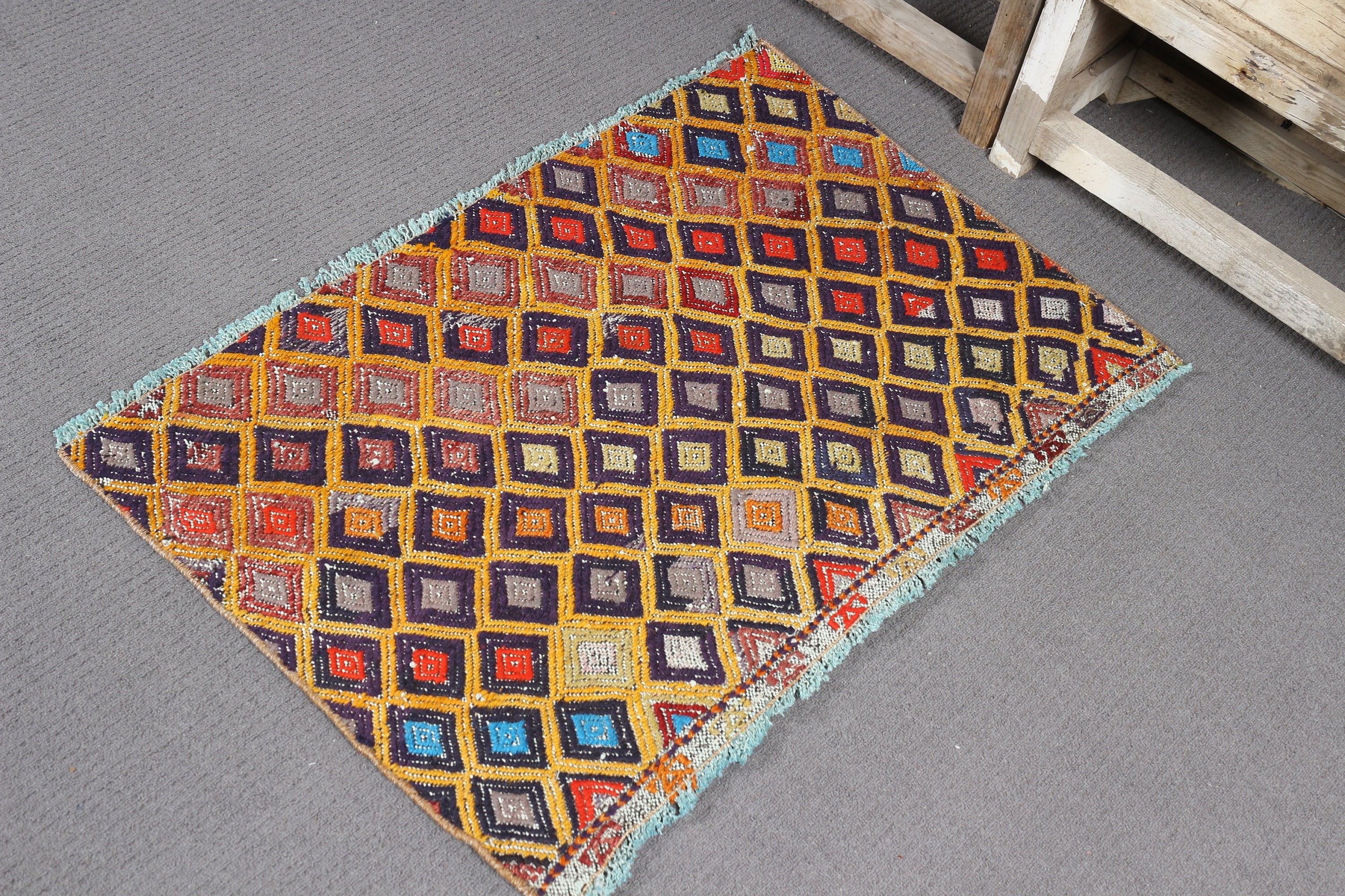 Duvara Asılı Halı, Oushak Halıları, Türk Halıları, 3.1x2 ft Küçük Halı, Vintage Halı, Kilim, Yatak Odası Halısı, Ev Dekor Halısı, Sarı Oryantal Halı