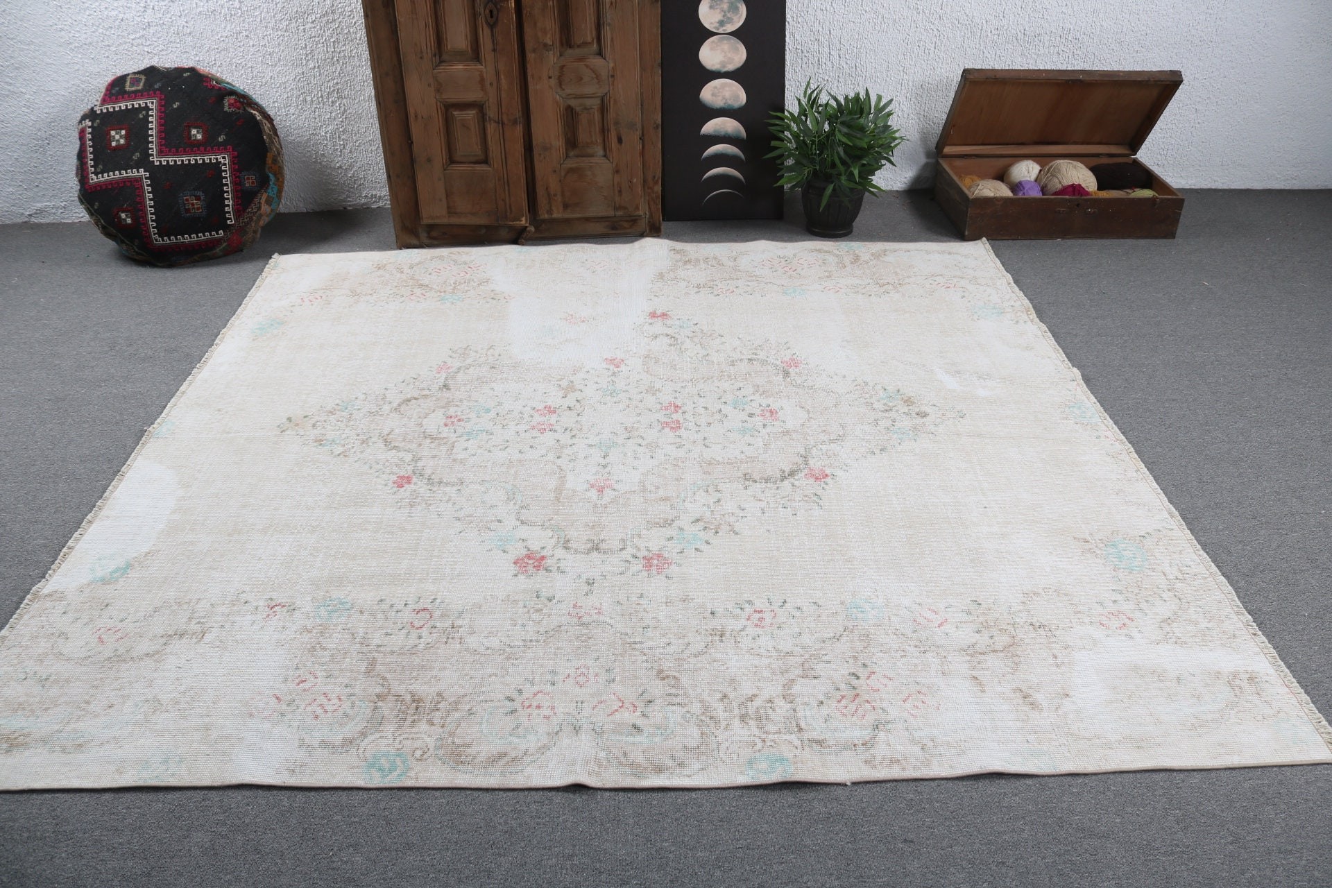 Yatak Odası Halıları, 7.1x7.5 ft Büyük Halı, Vintage Halılar, Yer Halısı, Bej Lüks Halı, Türk Halıları, Modern Halılar, Büyük Boho Halısı, Büyük Vintage Halı