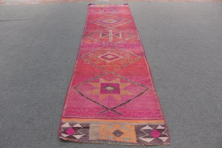 Turkish Rug, Vintage Rug, Rugs for Stair, Wool Rug, Kitchen Rug, 3x11.4 ft Runner Rug, Corridor Rug, Anatolian Rug, Pink Oriental Rug