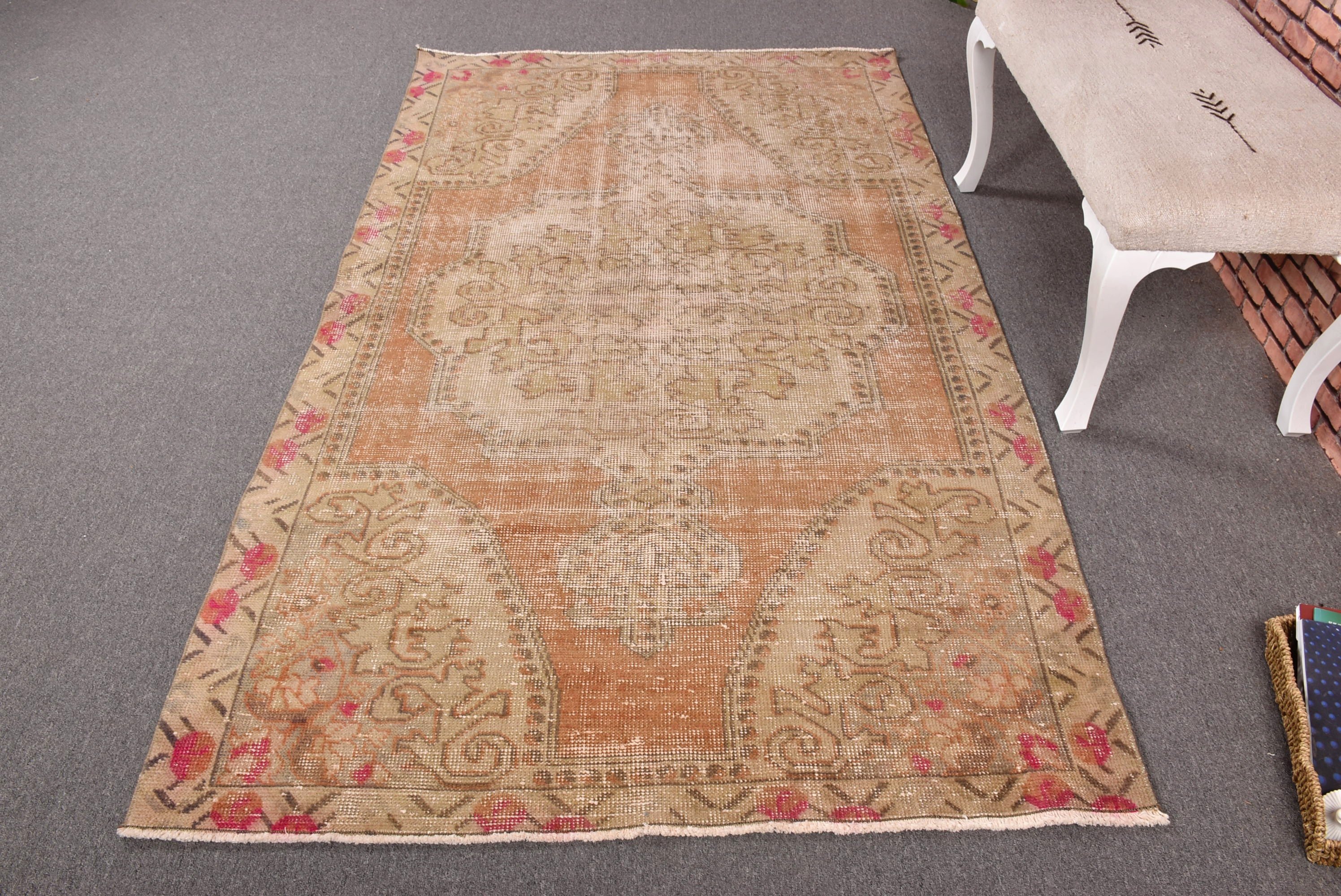 Turuncu Boho Halıları, Ev Halısı, Lüks Halılar, Oturma Odası Halısı, Ofis Halısı, 4,3x7,4 ft Alan Halıları, Vintage Halılar, Türk Halıları, Oryantal Halılar