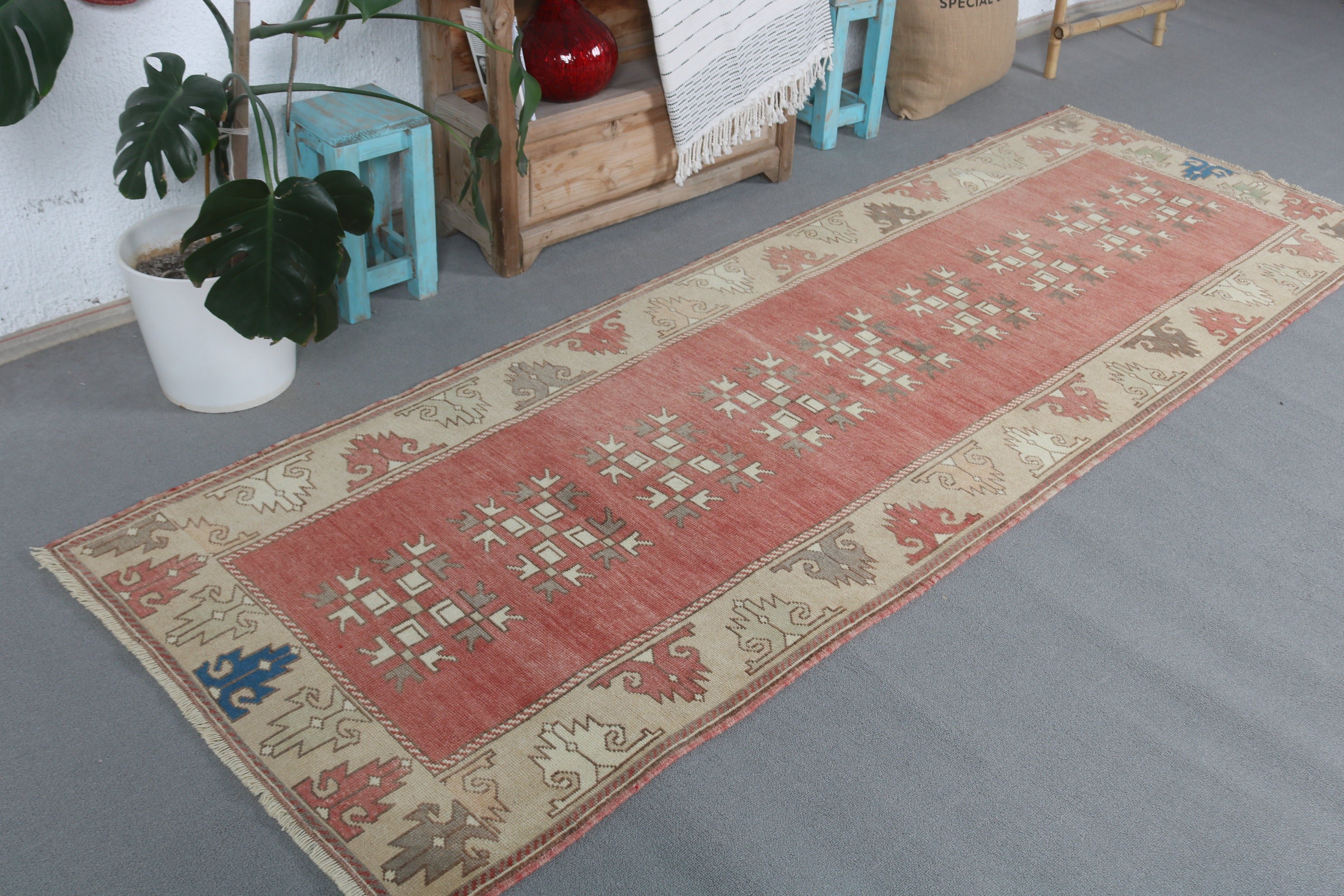 3x9.2 ft Runner Halıları, Vintage Halılar, Türk Halısı, Oushak Halısı, Mutfak Halıları, Kırmızı Yün Halılar, Mutfak Halıları, Koridor Halısı, Yatak Odası Halısı