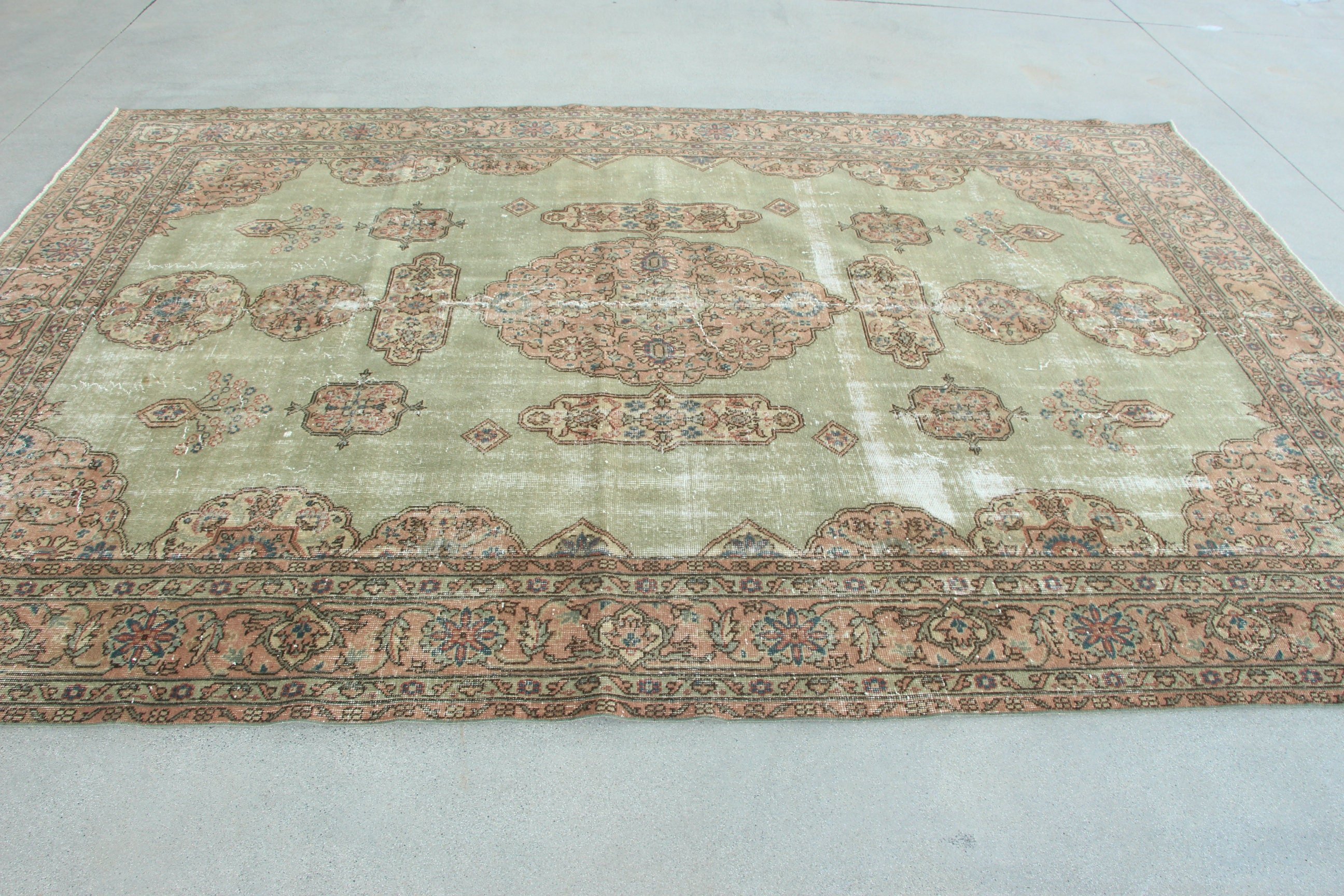 Büyük Boy Vintage Halı, 7.3x10.7 ft Büyük Boy Halılar, Oryantal Halı, Yeşil Nötr Halılar, Salon Halısı, Türk Halısı, Lüks Halı, Vintage Halılar