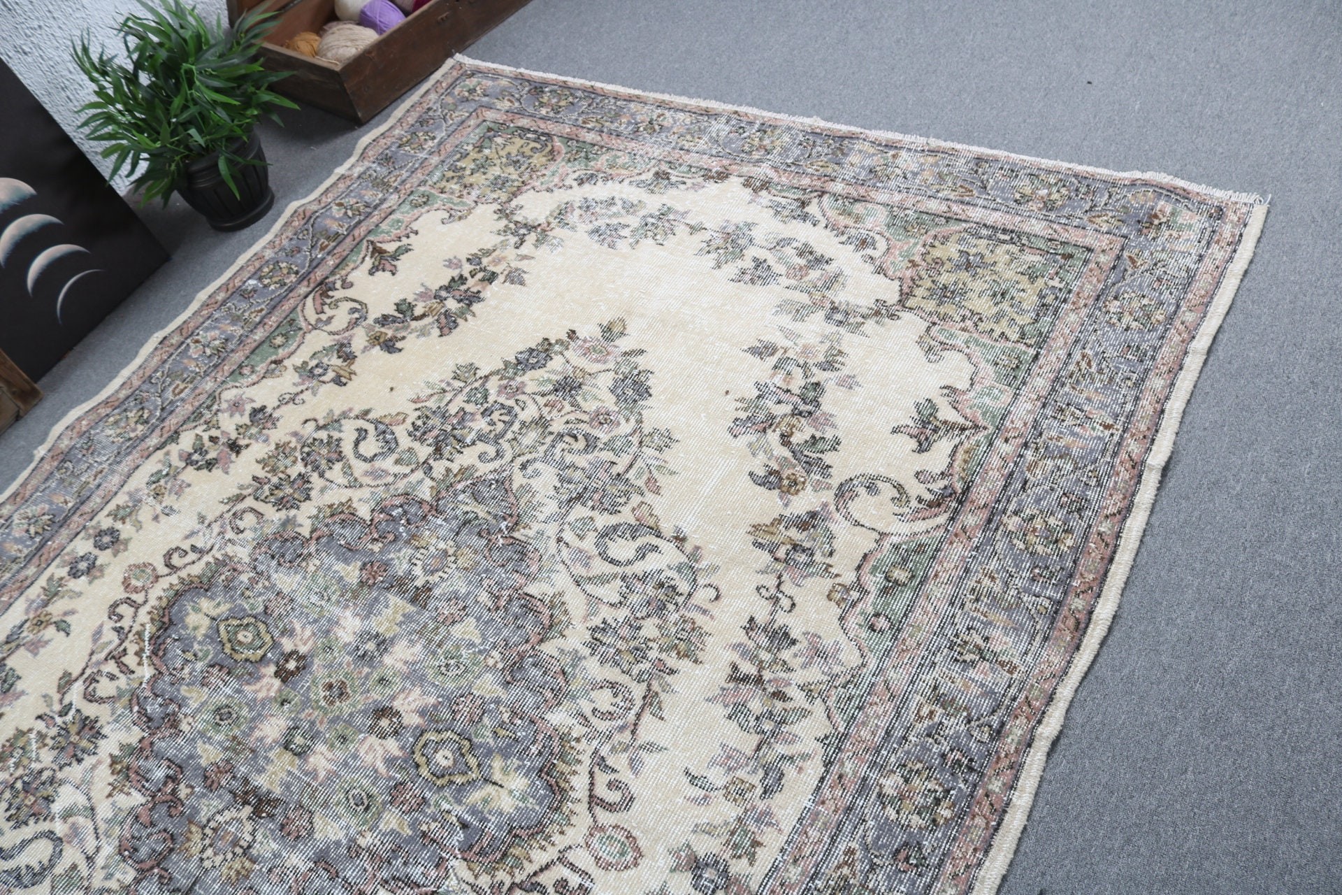 Gri El Dokuma Halılar, Vintage Halı, Yer Halısı, Oturma Odası Halıları, Türk Halıları, 6x8.7 ft Büyük Halı, Boho Halıları, Yemek Odası Halısı, El Dokuma Halıları