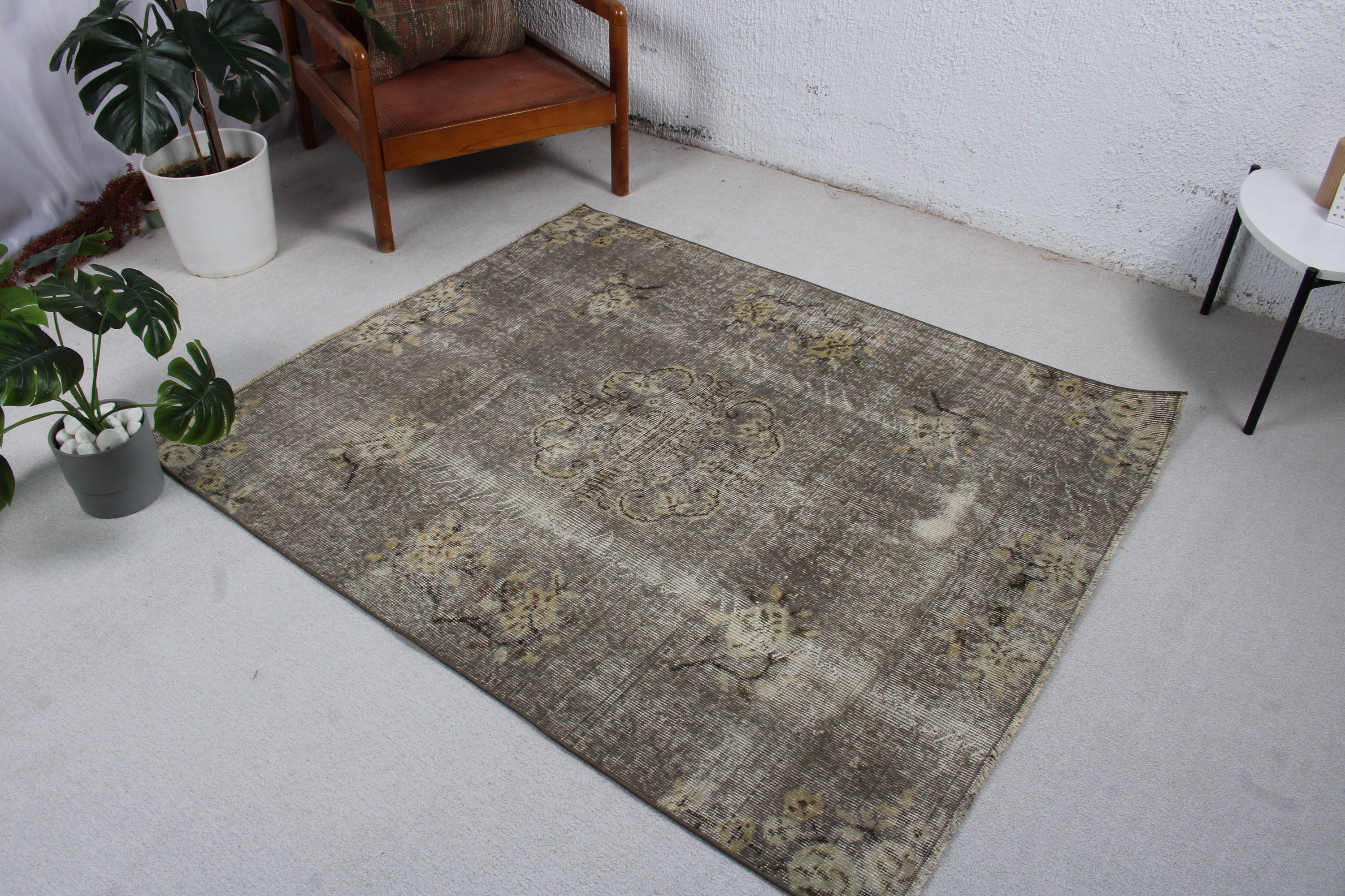 4.3x5 ft Accent Halılar, Anadolu Halısı, Gri Modern Halı, Türk Halısı, Vintage Halı, Egzotik Halı, Mutfak Halıları, Boho Accent Halı