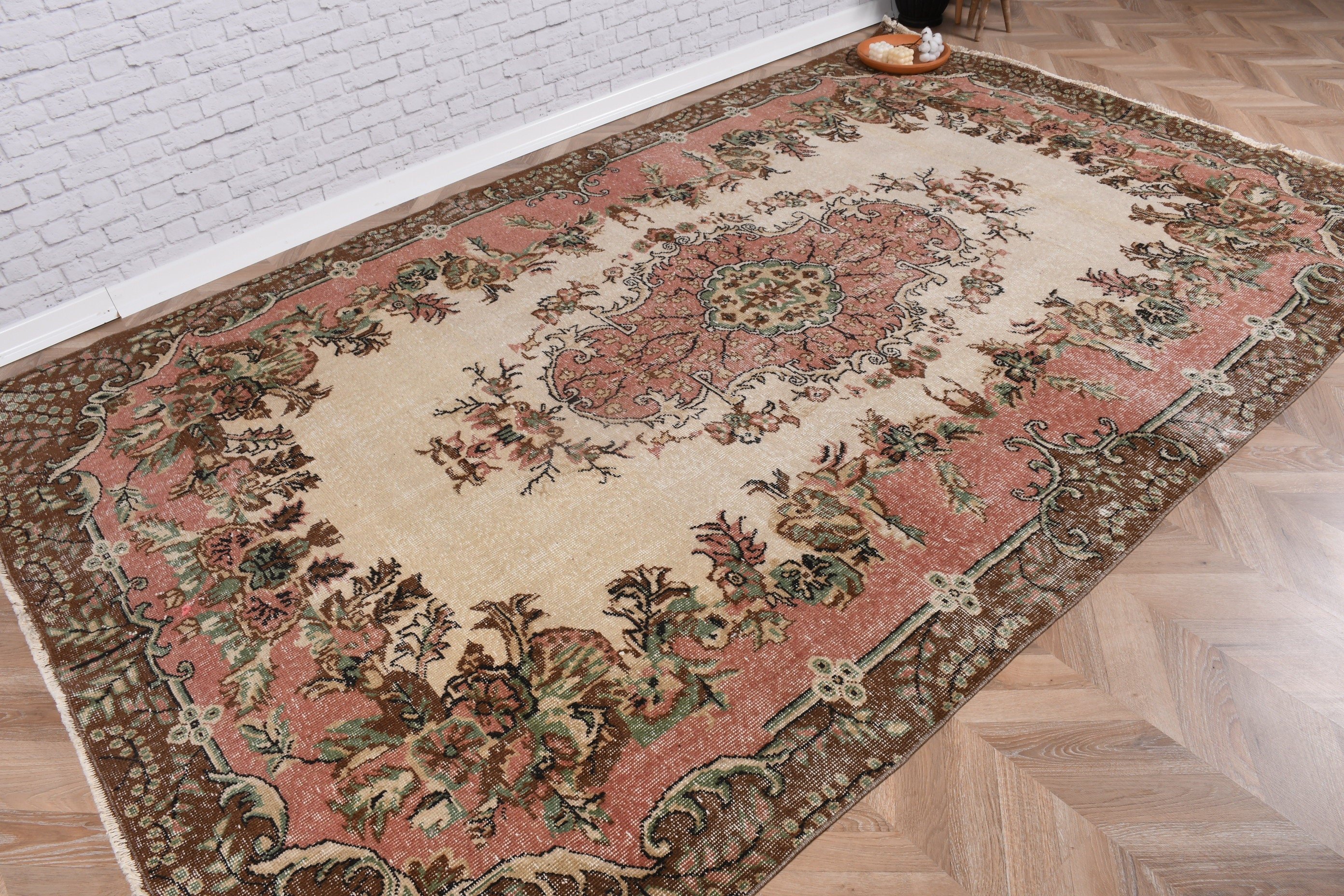 6.3x10 ft Büyük Halılar, Büyük Vintage Halılar, Yün Halılar, Boho Halı, Pembe Oushak Halı, Vintage Halı, Türk Halısı, Ev Dekor Halıları, Yemek Odası Halıları