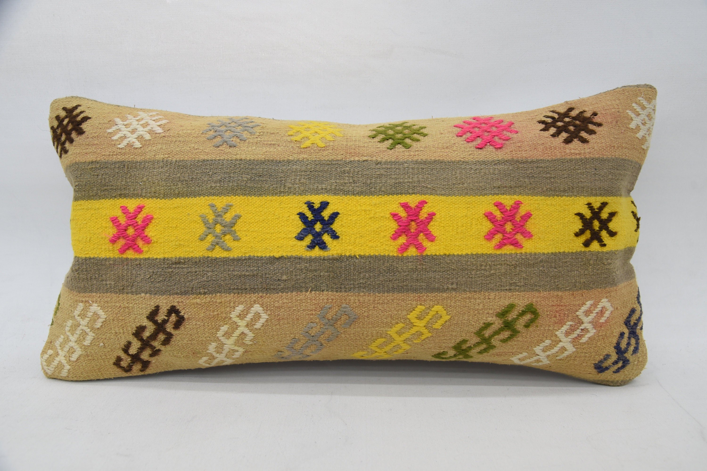 Handmade Pillow, Turkish Pillow, Vintage Kilim Throw Pillow, 12"x24" Yellow Pillow Cover, Home Decor Pillow, Bohemian Cushion Pillow Case