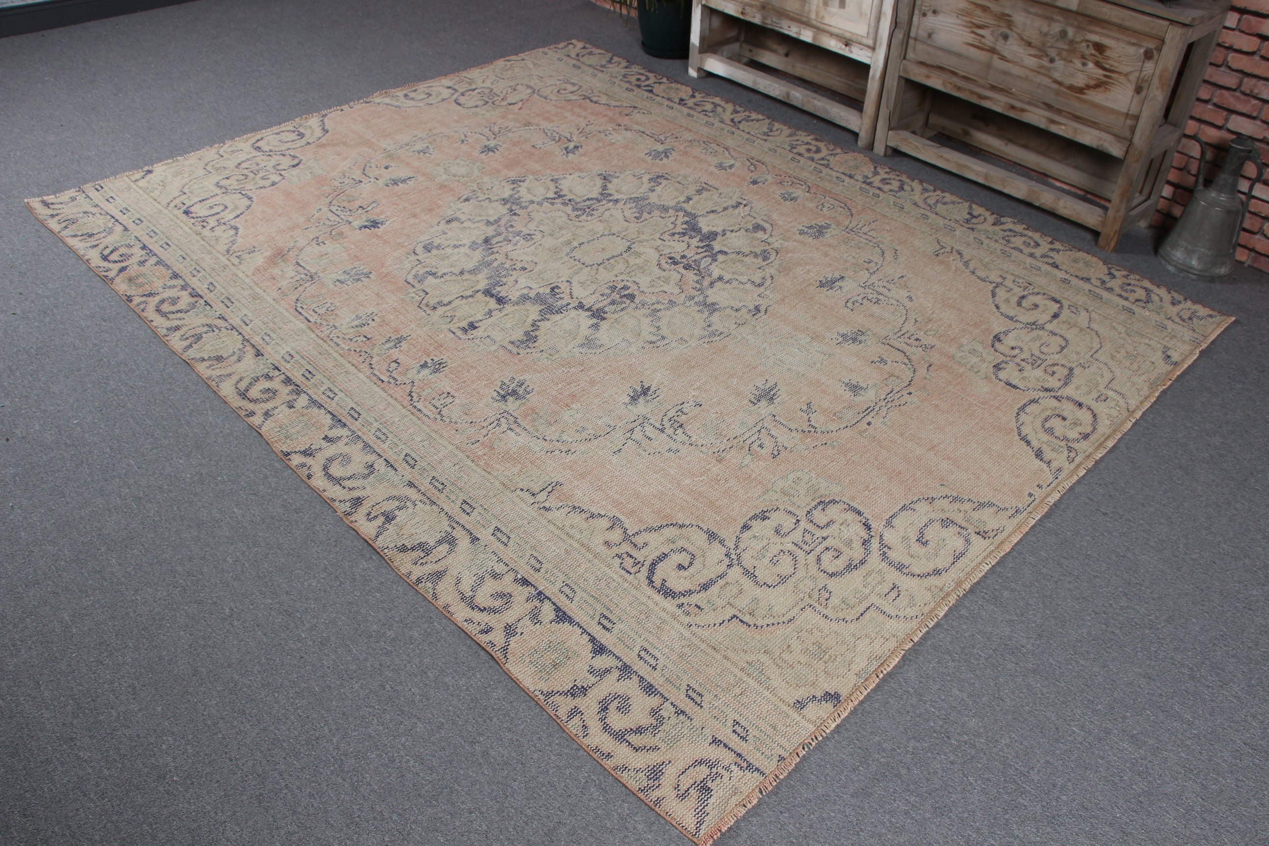 Büyük Boho Halı, Vintage Halılar, Türk Halıları, 6.4x8.1 ft Büyük Halılar, Bej Geometrik Halılar, Büyük Oushak Halı, Modern Halı