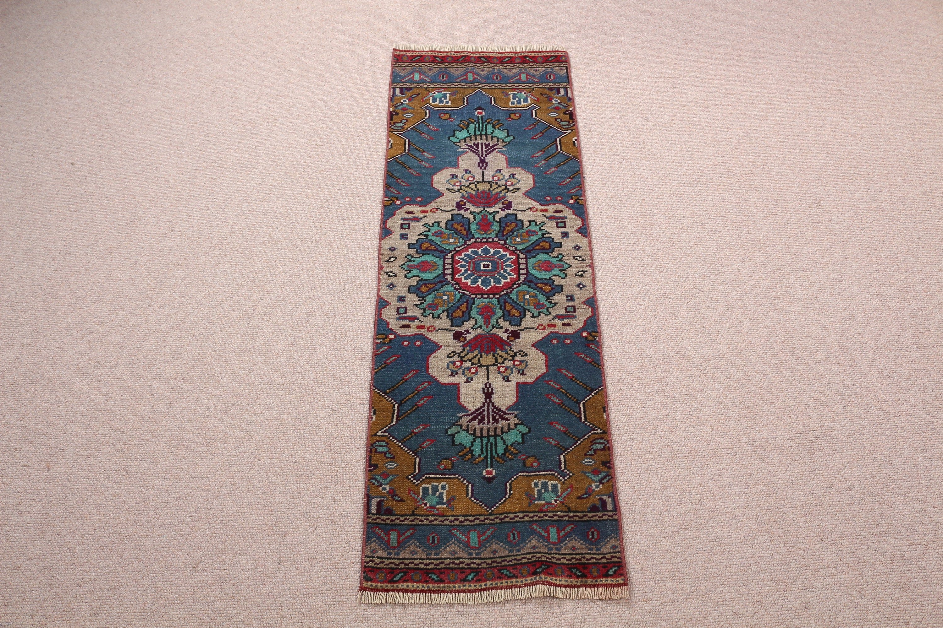 Turkish Rugs, Vintage Rug, Antique Rugs, Rugs for Kitchen, Bedroom Rugs, Blue  1.3x3.8 ft Small Rugs, Entry Rug, Floor Rugs