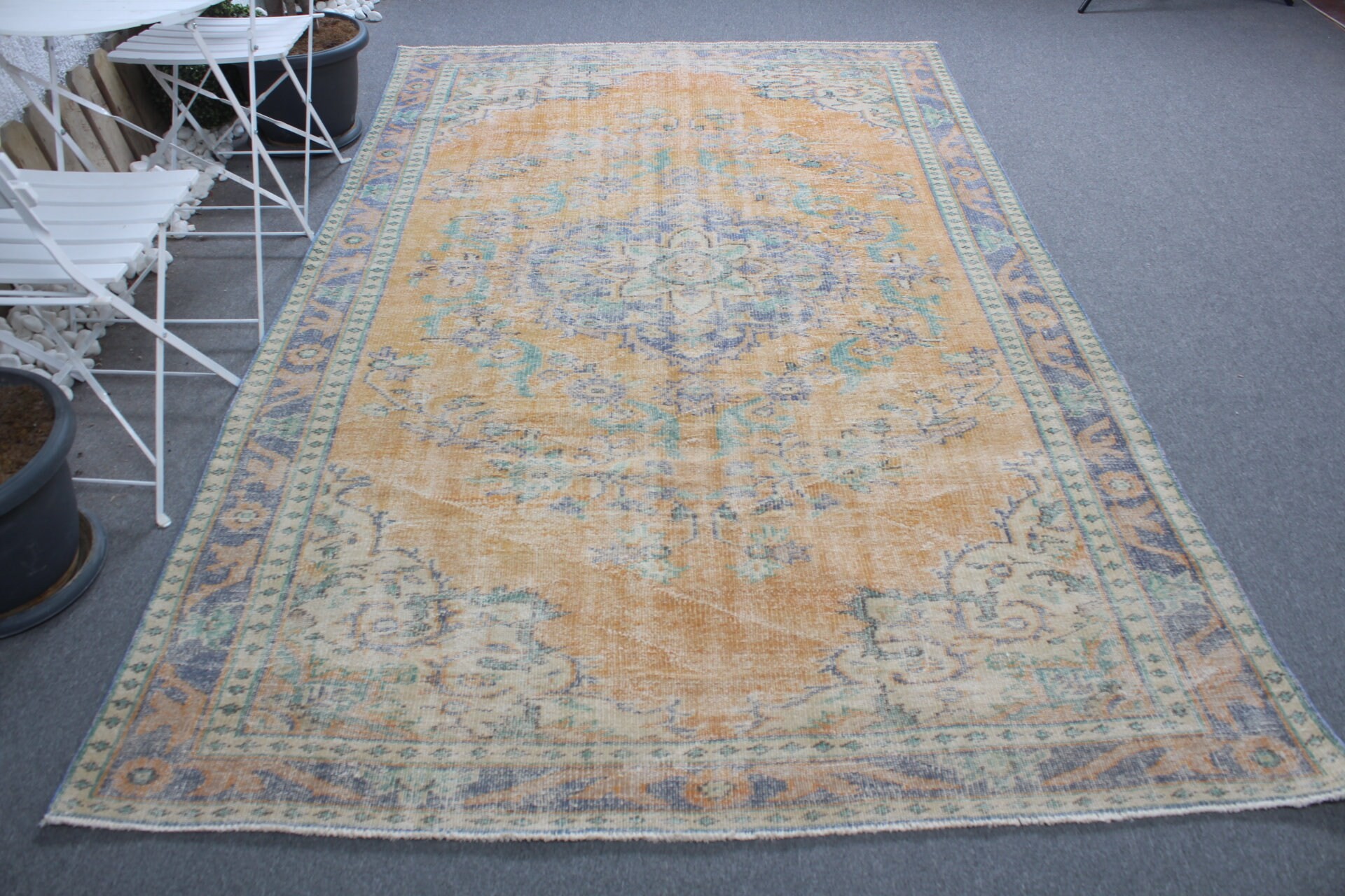 Salon Halıları, Yatak Odası Halıları, Türk Halıları, Mutfak Halısı, Vintage Dekor Halısı, Vintage Halılar, Sarı 6x9.7 ft Büyük Halı, Oushak Halısı