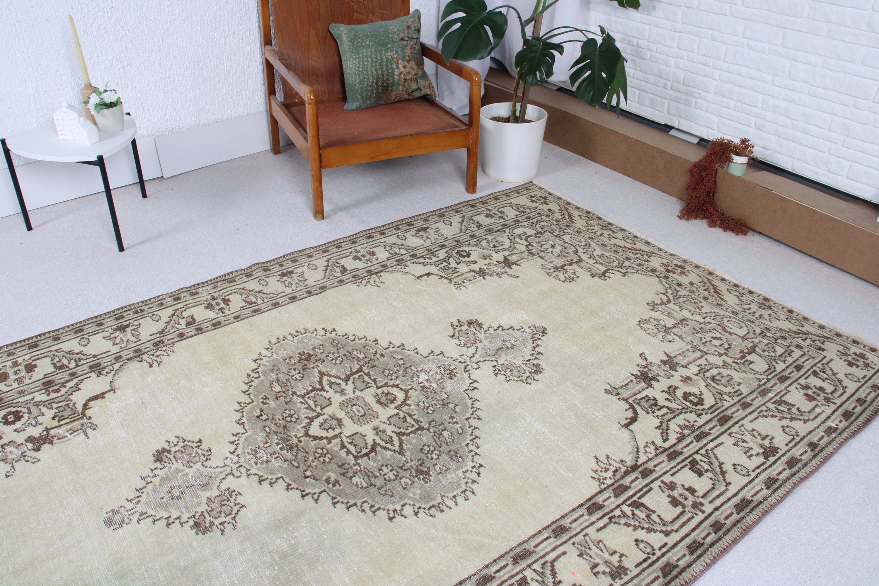 Yemek Odası Halıları, Salon Halısı, Bej El Dokuma Halısı, Türk Halısı, 5.5x8.9 ft Büyük Halı, Vintage Halılar, Düz Dokuma Halı, Dış Mekan Halısı, Yatak Odası Halısı