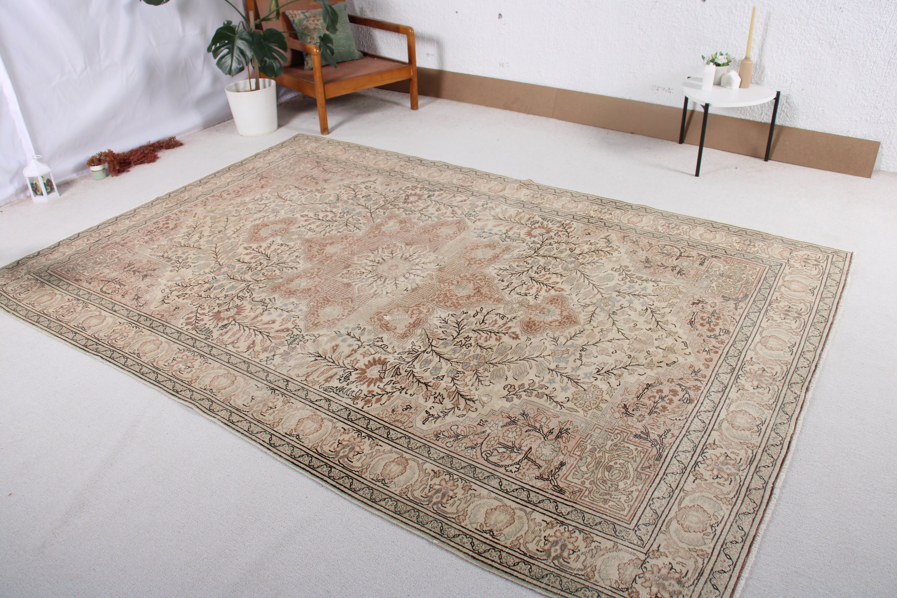 Büyük Vintage Halılar, 6.4x9.4 ft Büyük Halı, Yün Halı, Mutfak Halısı, Lüks Halı, Türk Halıları, Bej Yün Halı, Vintage Halılar, Büyük Boho Halı