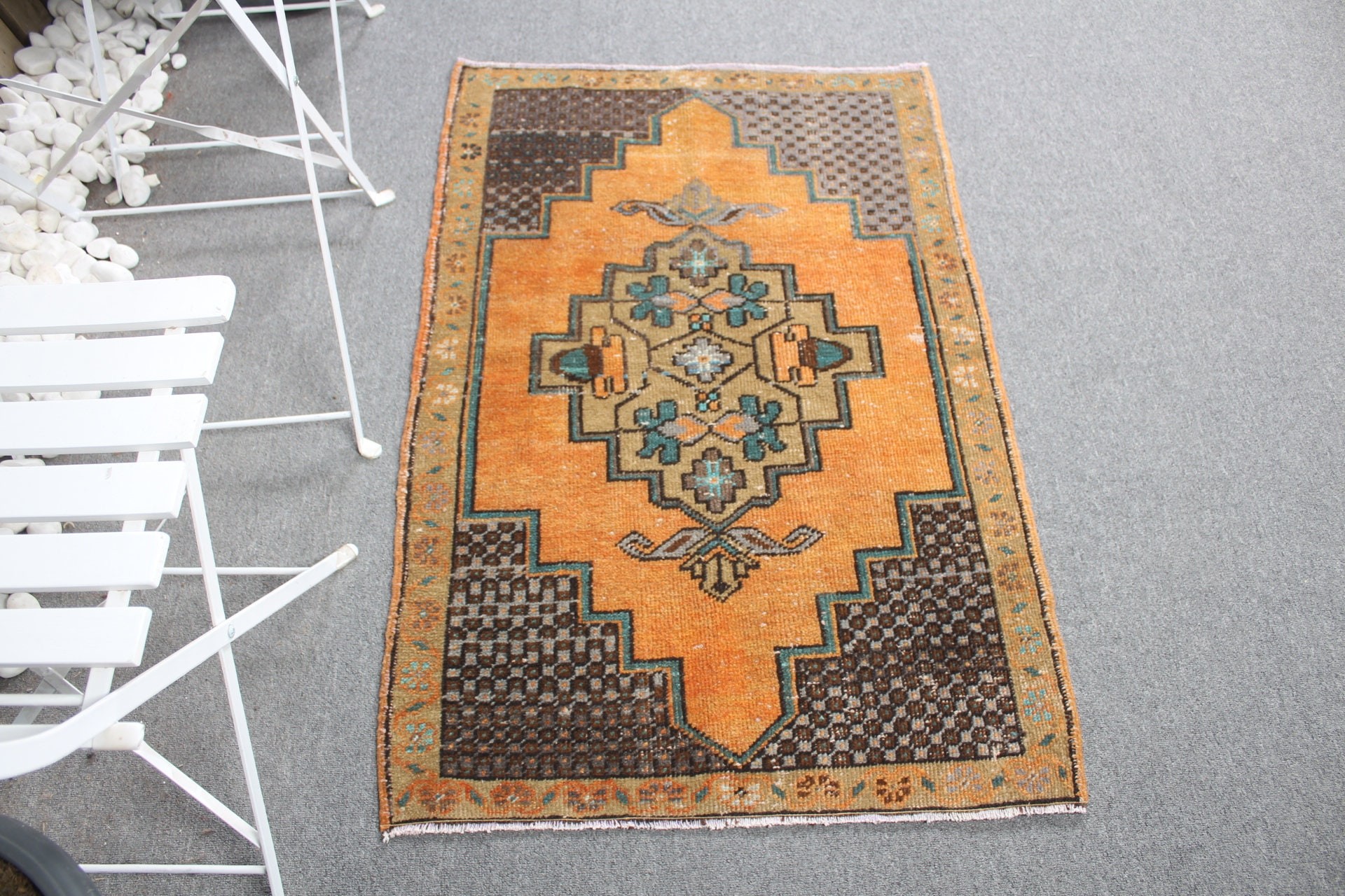 Araba Paspas Halısı, Sessiz Halı, 2,5x3,8 ft Küçük Halı, Giriş Halıları, Oushak Halıları, Turuncu Antika Halılar, Vintage Halılar, Türk Halıları