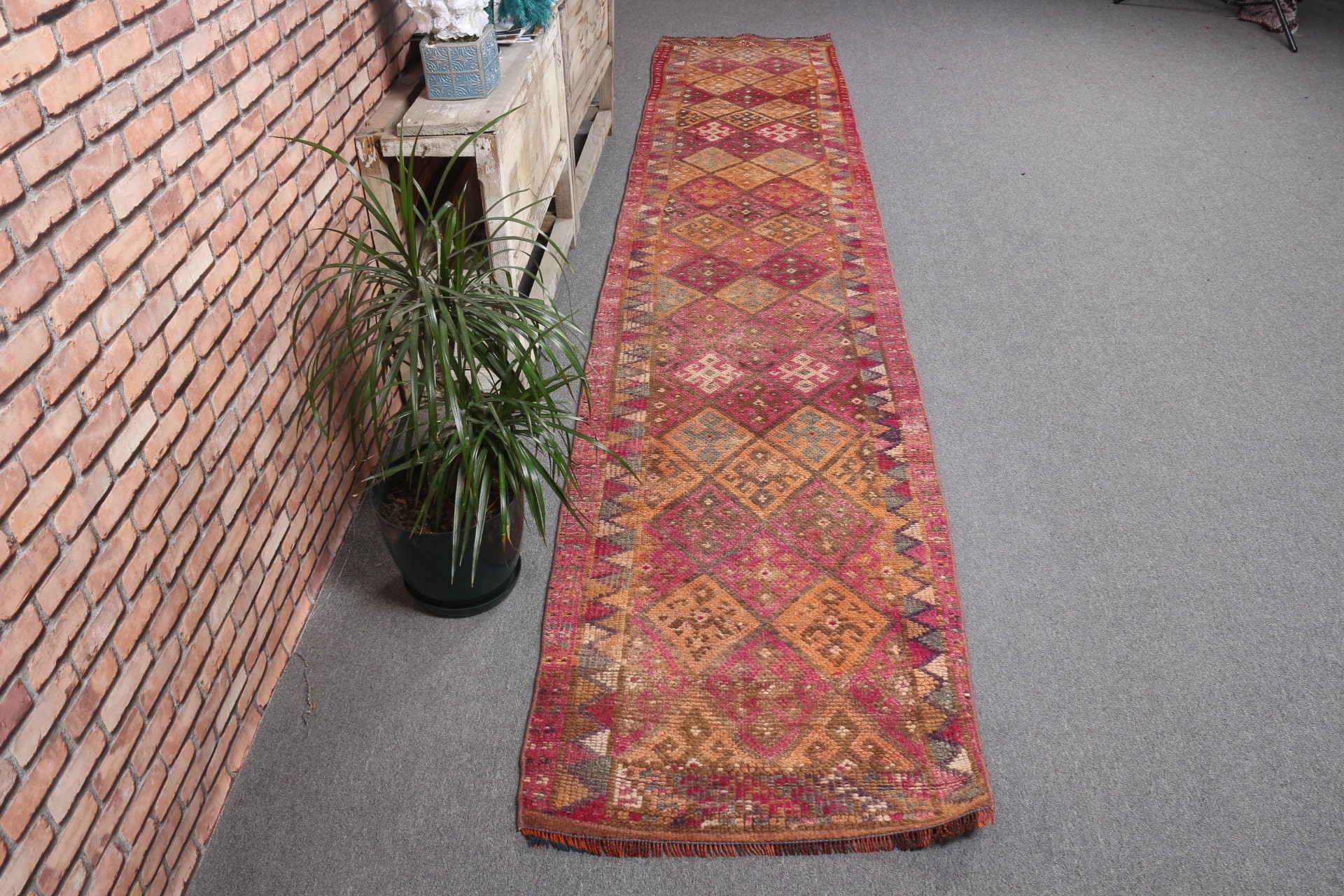 Oushak Rug, Vintage Rugs, Oriental Rugs, 2.3x12.2 ft Runner Rug, Orange Moroccan Rug, Muted Rug, Hallway Rugs, Corridor Rug, Turkish Rug