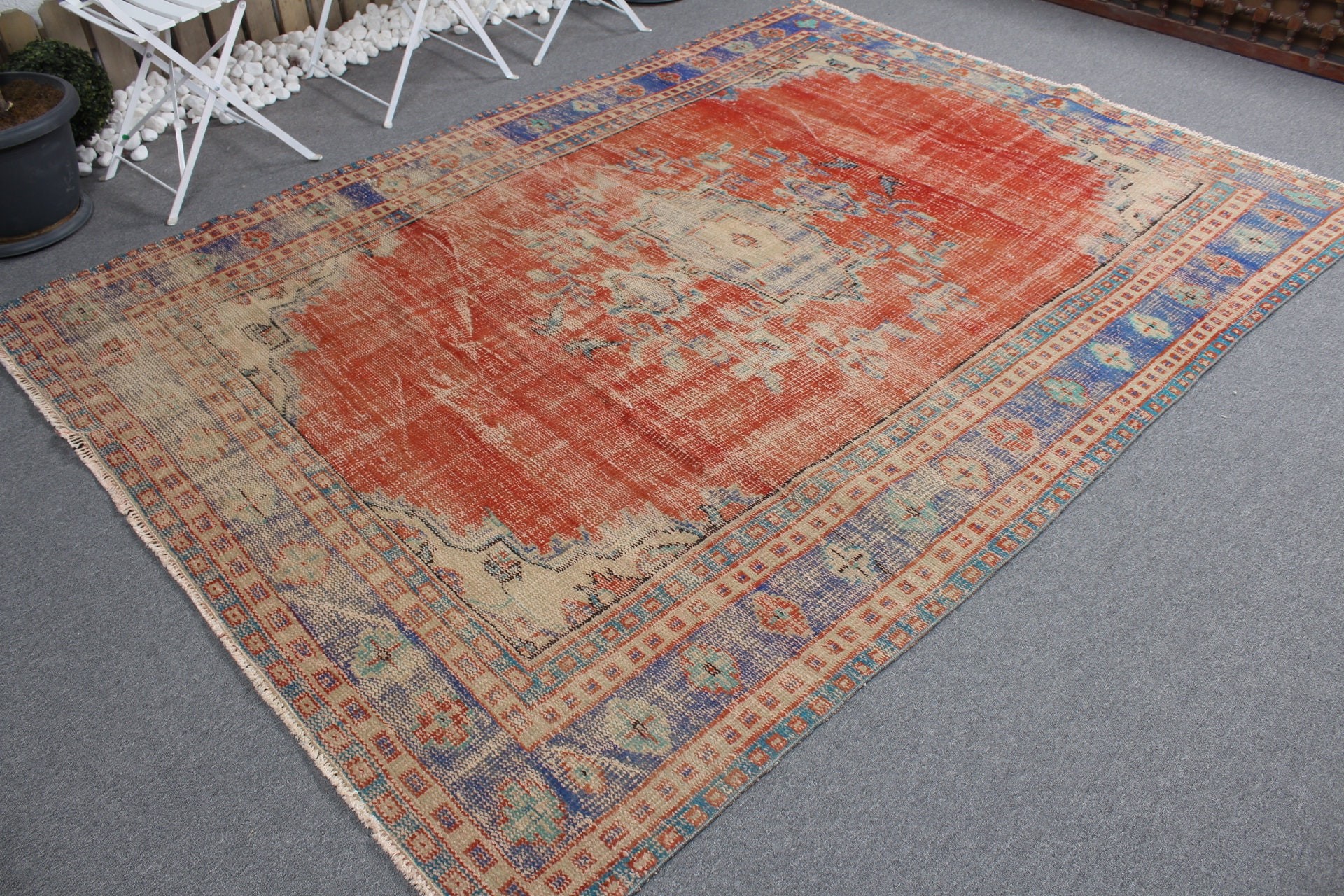 Living Room Rugs, 6.3x8.8 ft Large Rug, Turkish Rug, Red Oushak Rug, Vintage Rugs, Muted Rug, Dining Room Rug, Antique Rugs